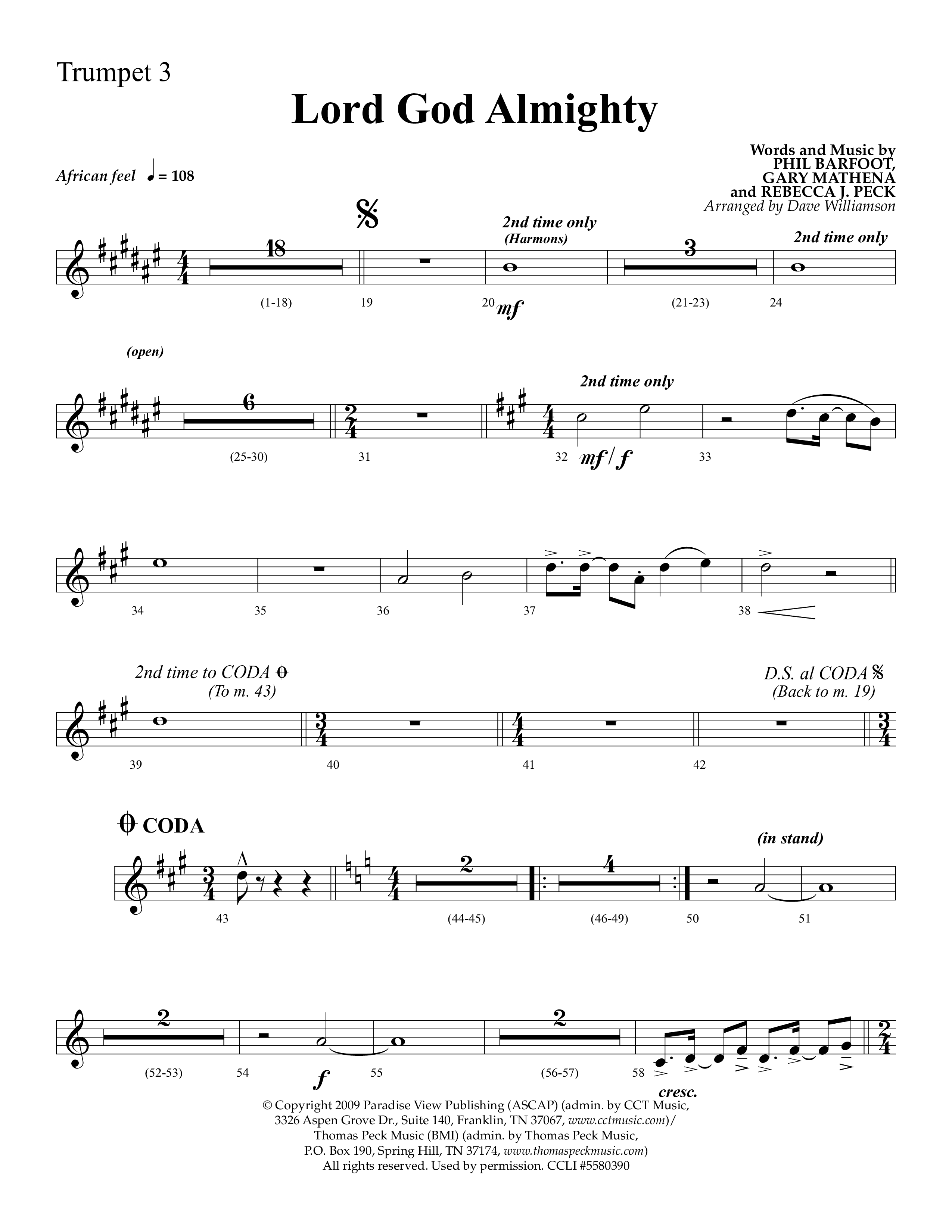 Lord God Almighty (Choral Anthem SATB) Trumpet 3 (Lifeway Choral / Arr. Dave Williamson)