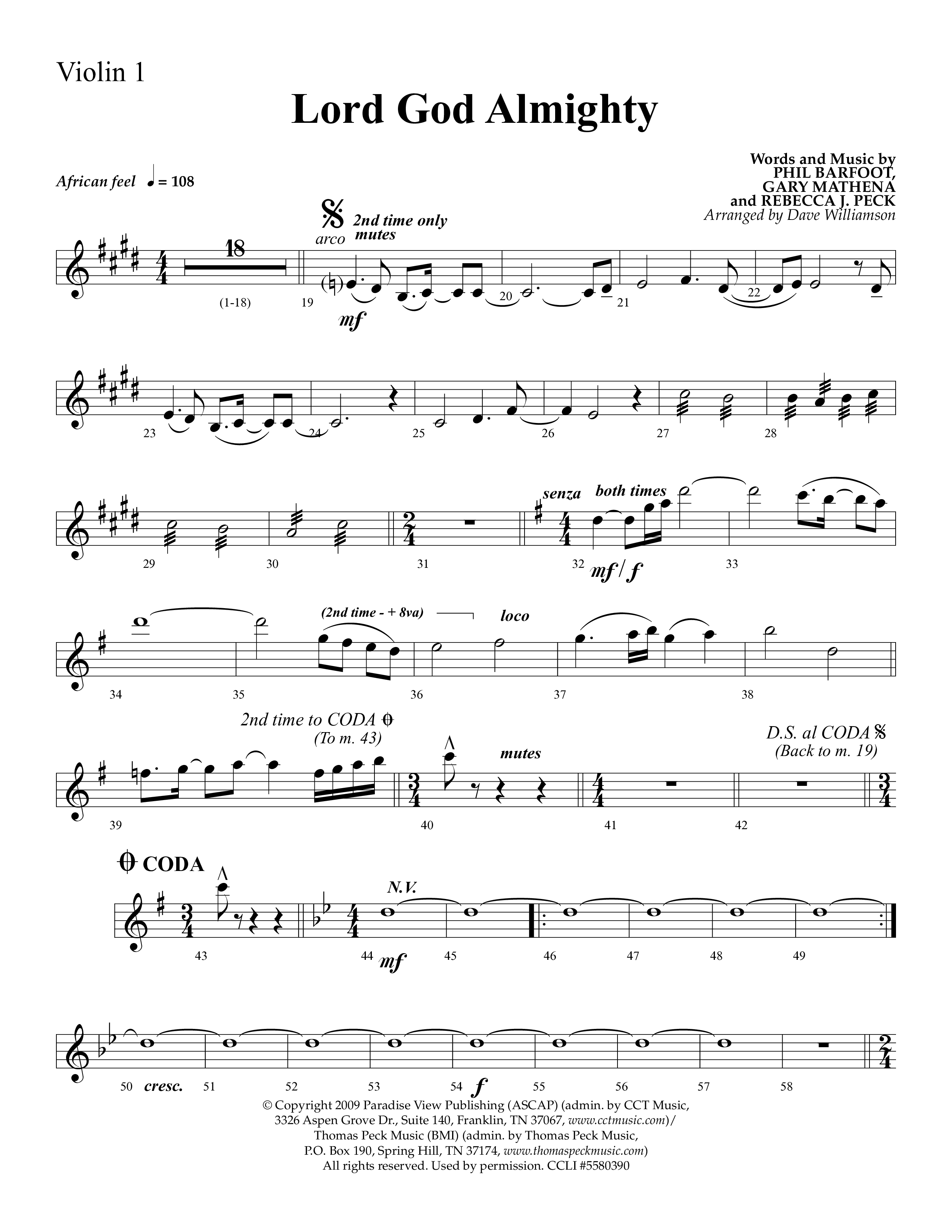 Lord God Almighty (Choral Anthem SATB) Violin 1 (Lifeway Choral / Arr. Dave Williamson)