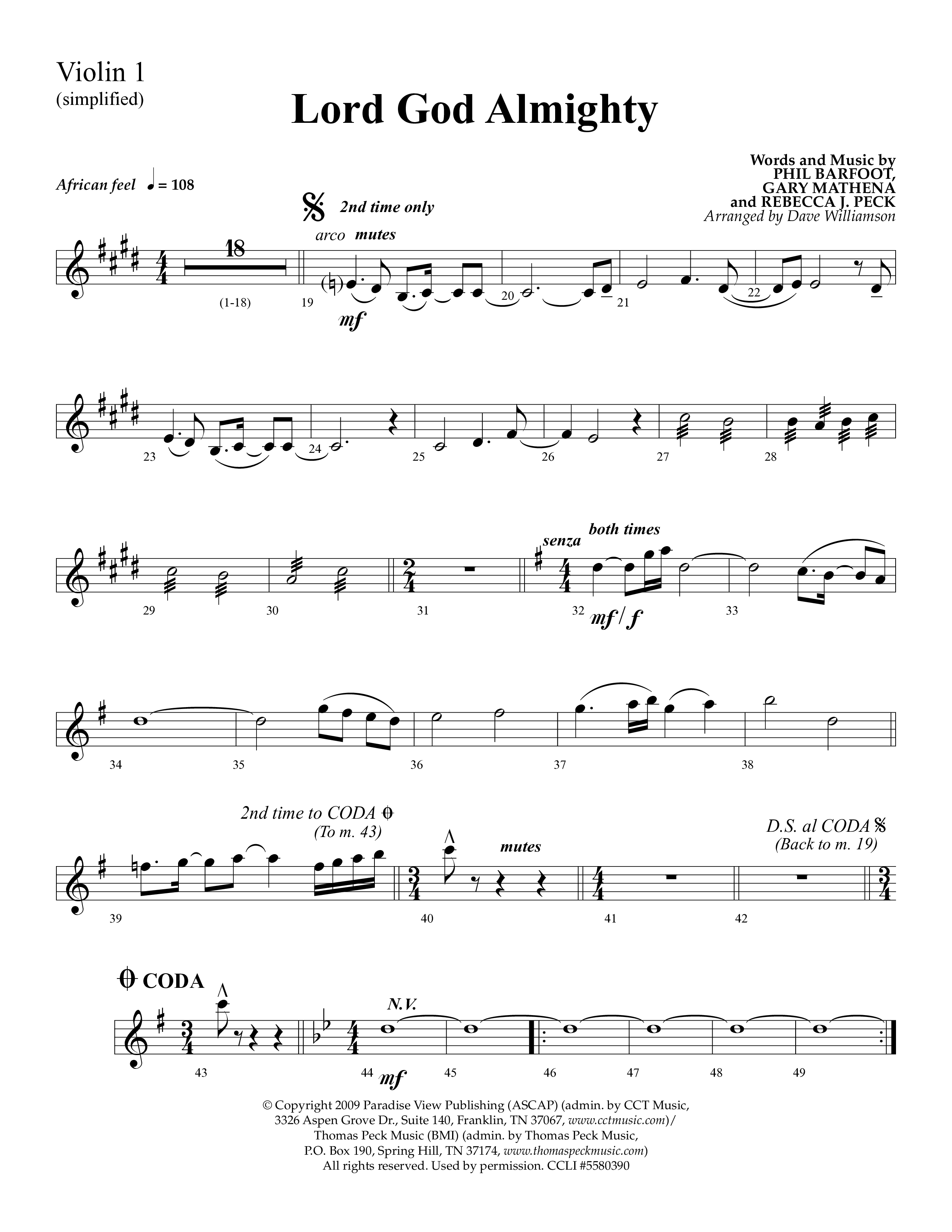 Lord God Almighty (Choral Anthem SATB) Violin 1 (Lifeway Choral / Arr. Dave Williamson)