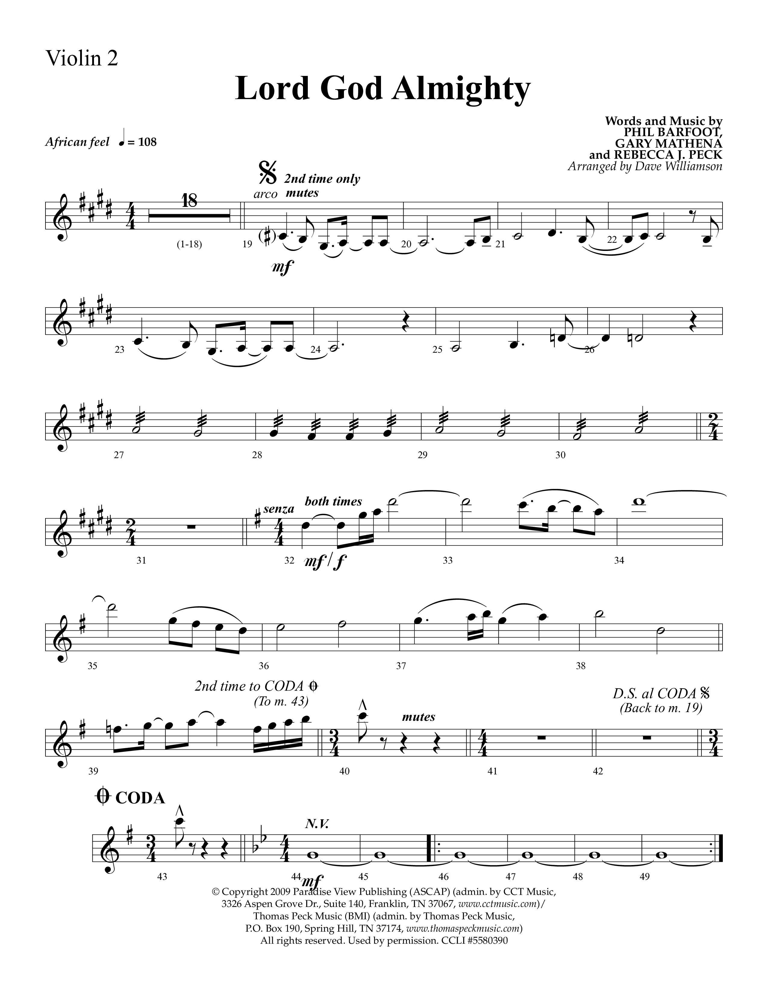 Lord God Almighty (Choral Anthem SATB) Violin 2 (Lifeway Choral / Arr. Dave Williamson)