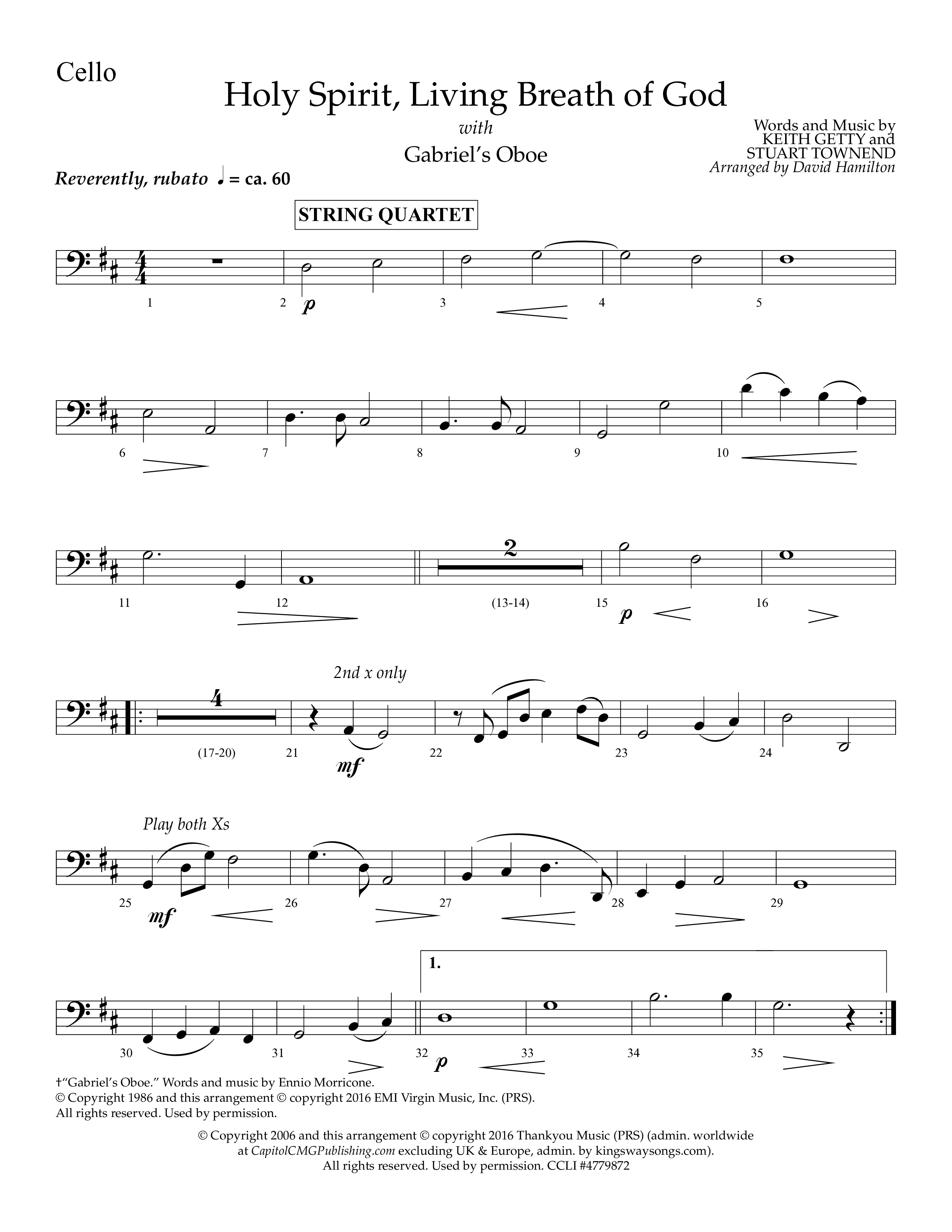 Holy Spirit Living Breath Of God (with Gabriel's Oboe) (Choral Anthem SATB) Cello (Lifeway Choral / Arr. David Hamilton)