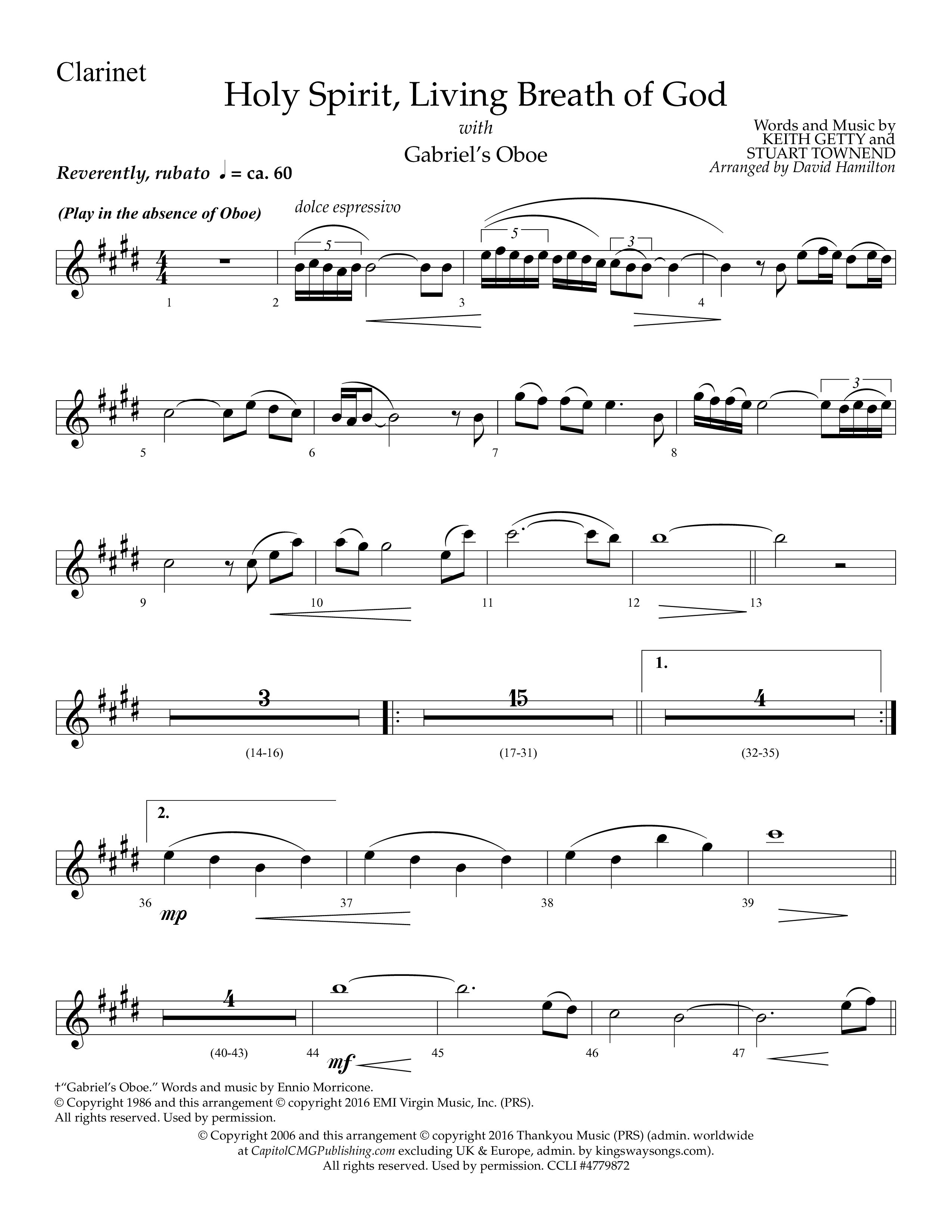 Holy Spirit Living Breath Of God (with Gabriel's Oboe) (Choral Anthem SATB) Clarinet 1/2 (Lifeway Choral / Arr. David Hamilton)