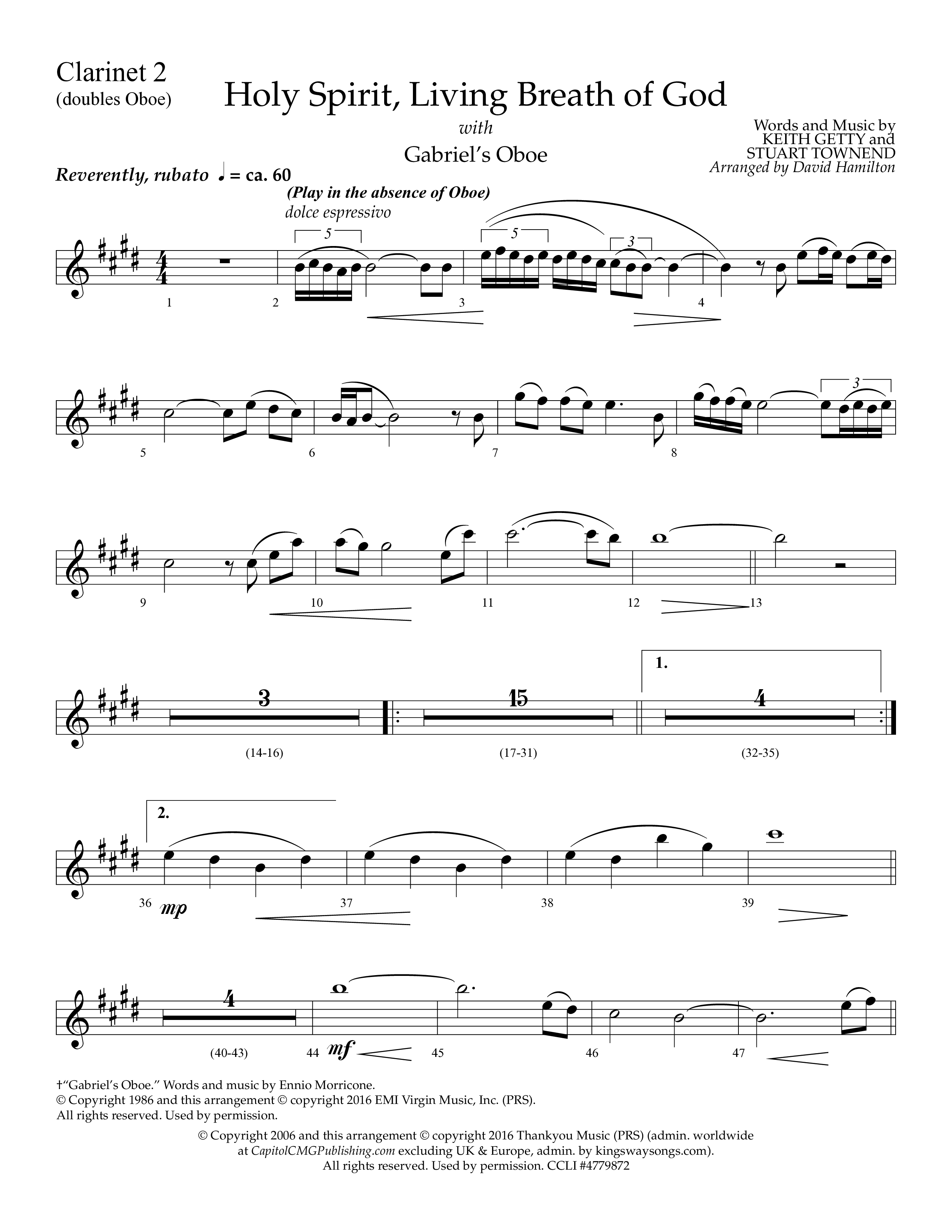 Holy Spirit Living Breath Of God (with Gabriel's Oboe) (Choral Anthem SATB) Clarinet 1/2 (Lifeway Choral / Arr. David Hamilton)