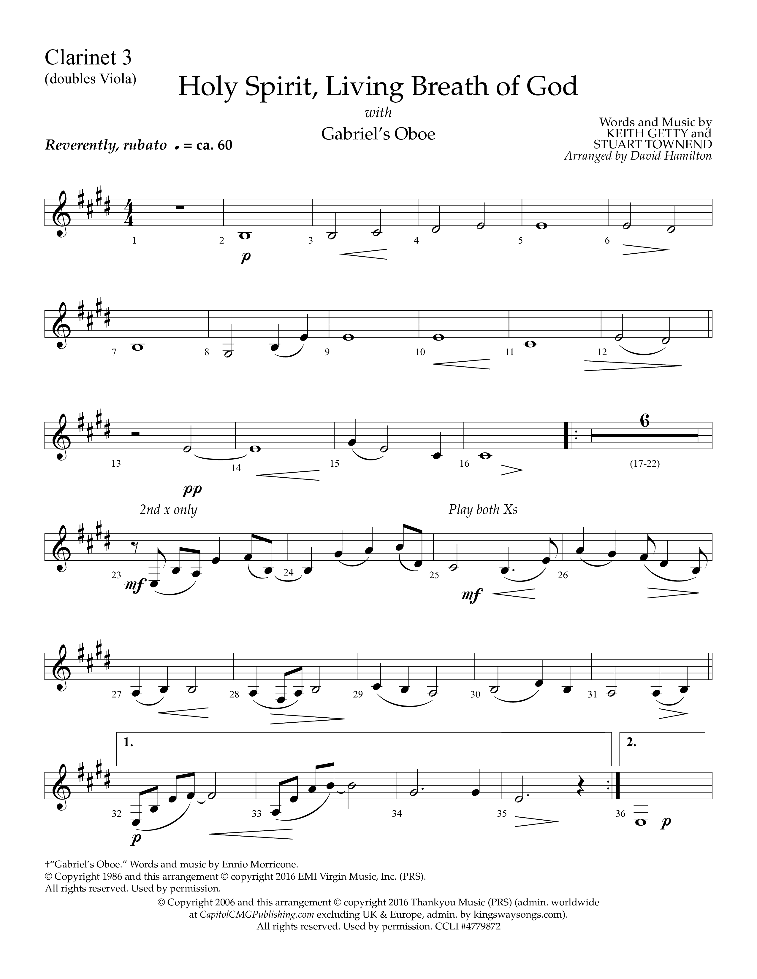 Holy Spirit Living Breath Of God (with Gabriel's Oboe) (Choral Anthem SATB) Clarinet 3 (Lifeway Choral / Arr. David Hamilton)