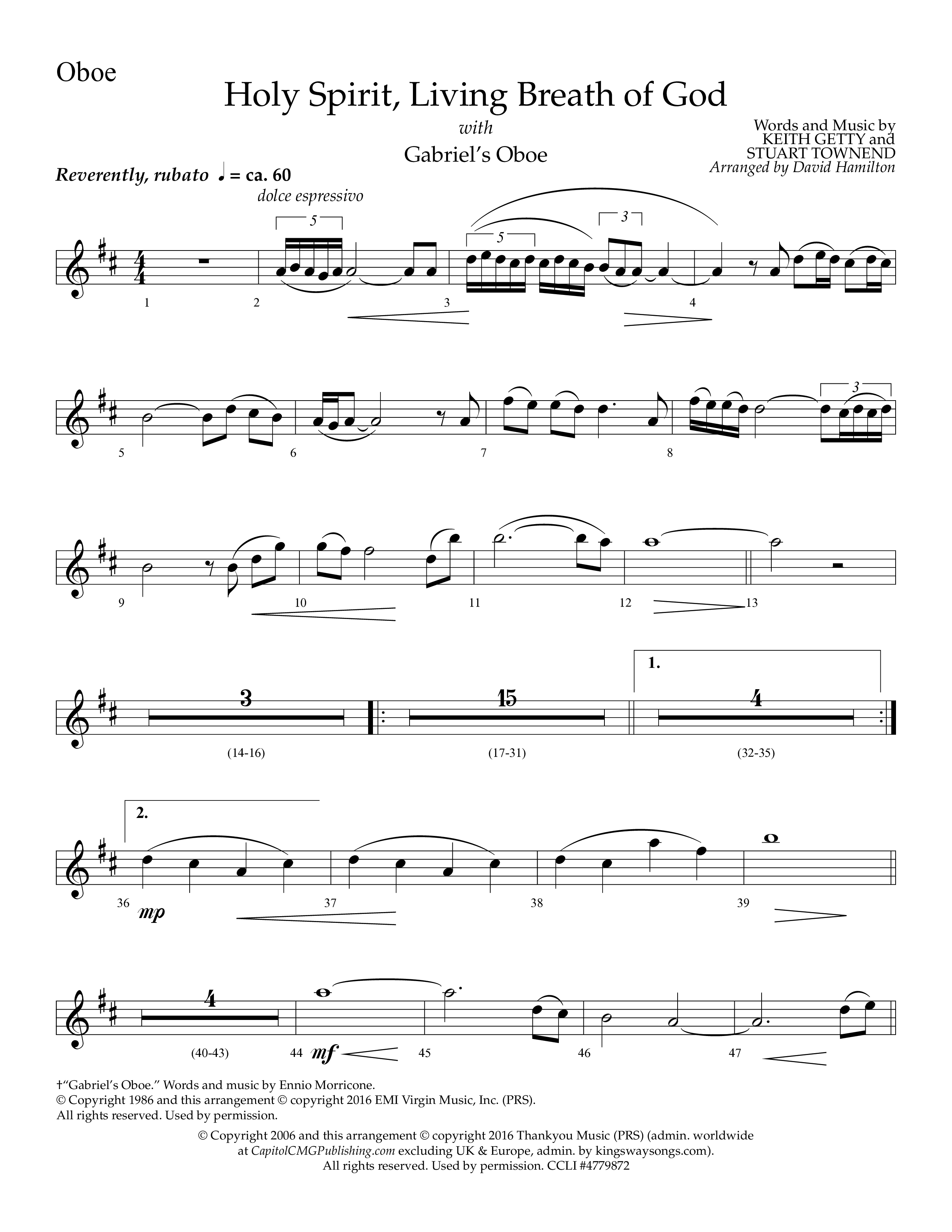 Holy Spirit Living Breath Of God (with Gabriel's Oboe) (Choral Anthem SATB) Oboe (Lifeway Choral / Arr. David Hamilton)