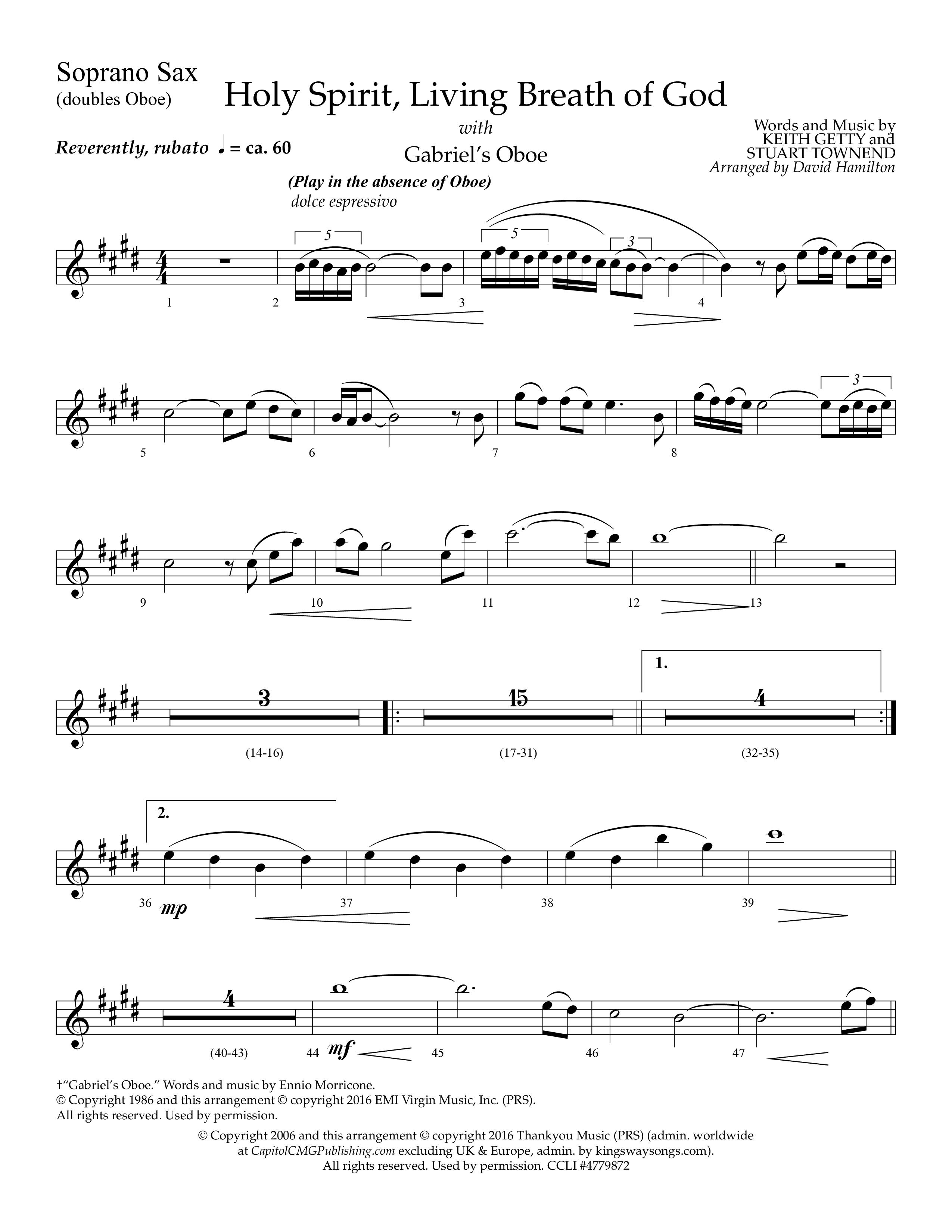 Holy Spirit Living Breath Of God (with Gabriel's Oboe) (Choral Anthem SATB) Soprano Sax (Lifeway Choral / Arr. David Hamilton)