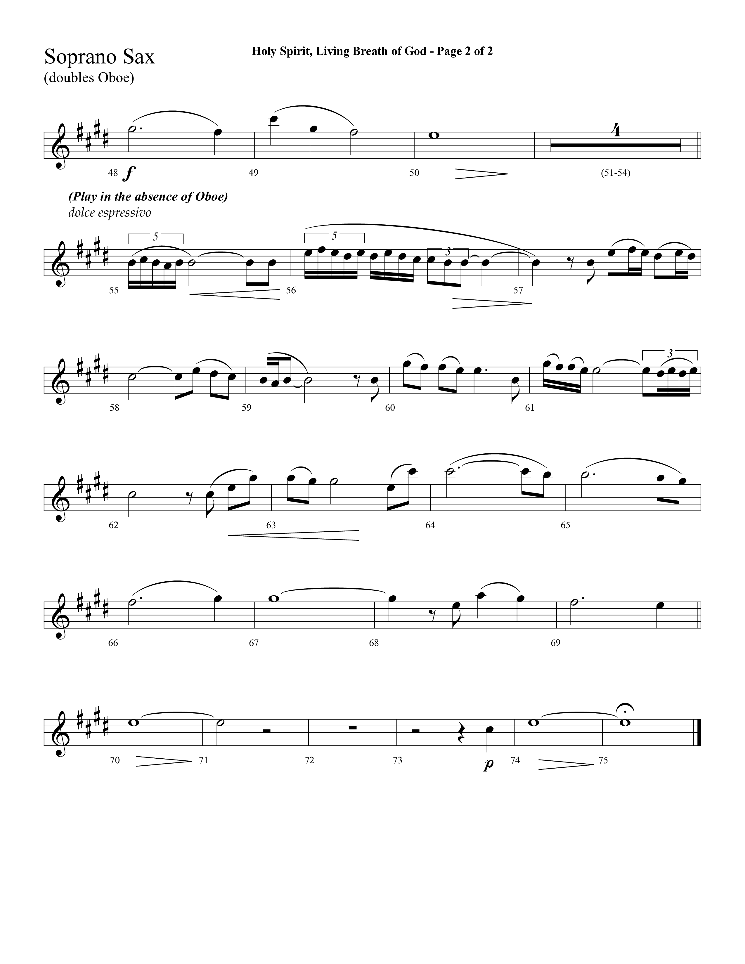 Holy Spirit Living Breath Of God (with Gabriel's Oboe) (Choral Anthem SATB) Soprano Sax (Lifeway Choral / Arr. David Hamilton)