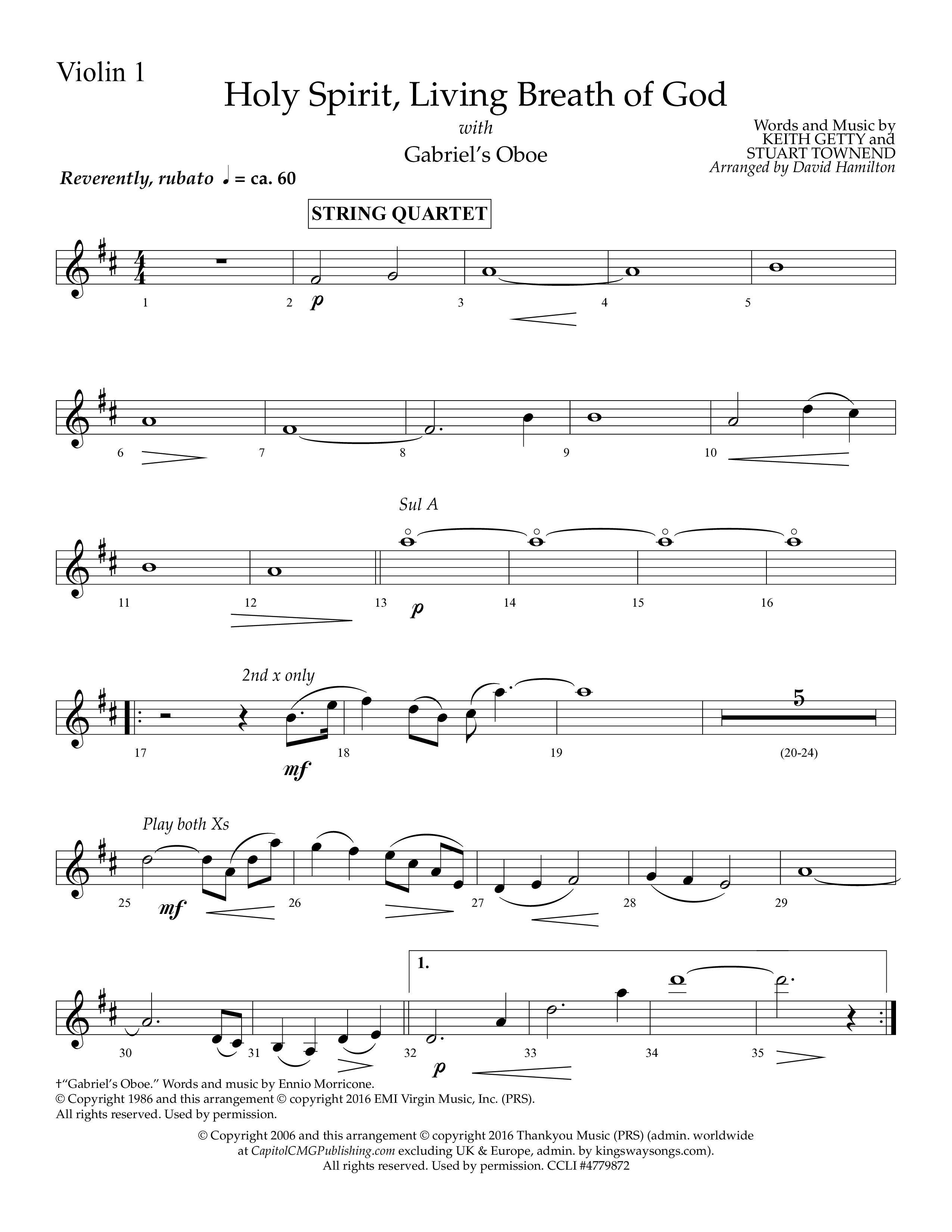 Holy Spirit Living Breath Of God (with Gabriel's Oboe) (Choral Anthem SATB) Violin 1 (Lifeway Choral / Arr. David Hamilton)