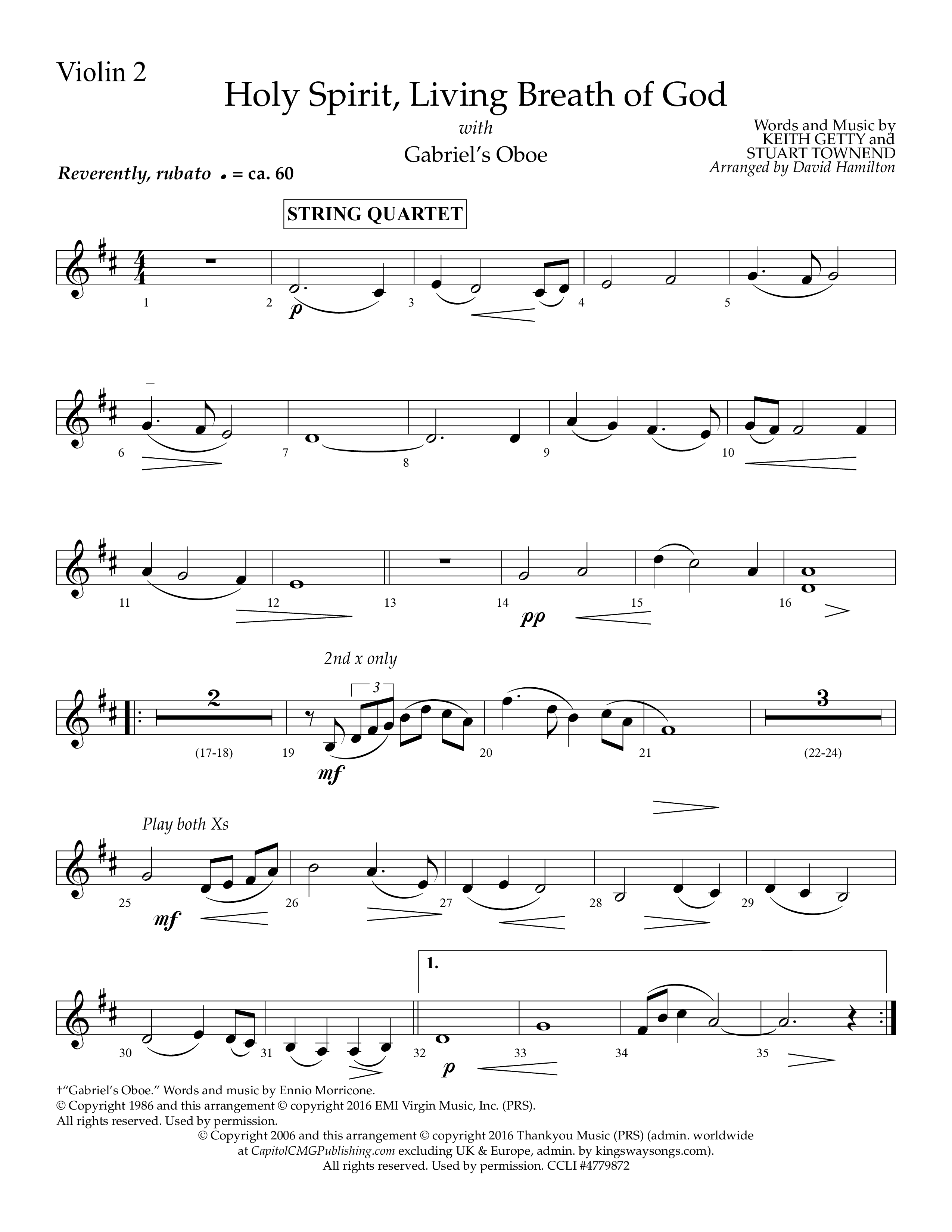Holy Spirit Living Breath Of God (with Gabriel's Oboe) (Choral Anthem SATB) Violin 2 (Lifeway Choral / Arr. David Hamilton)