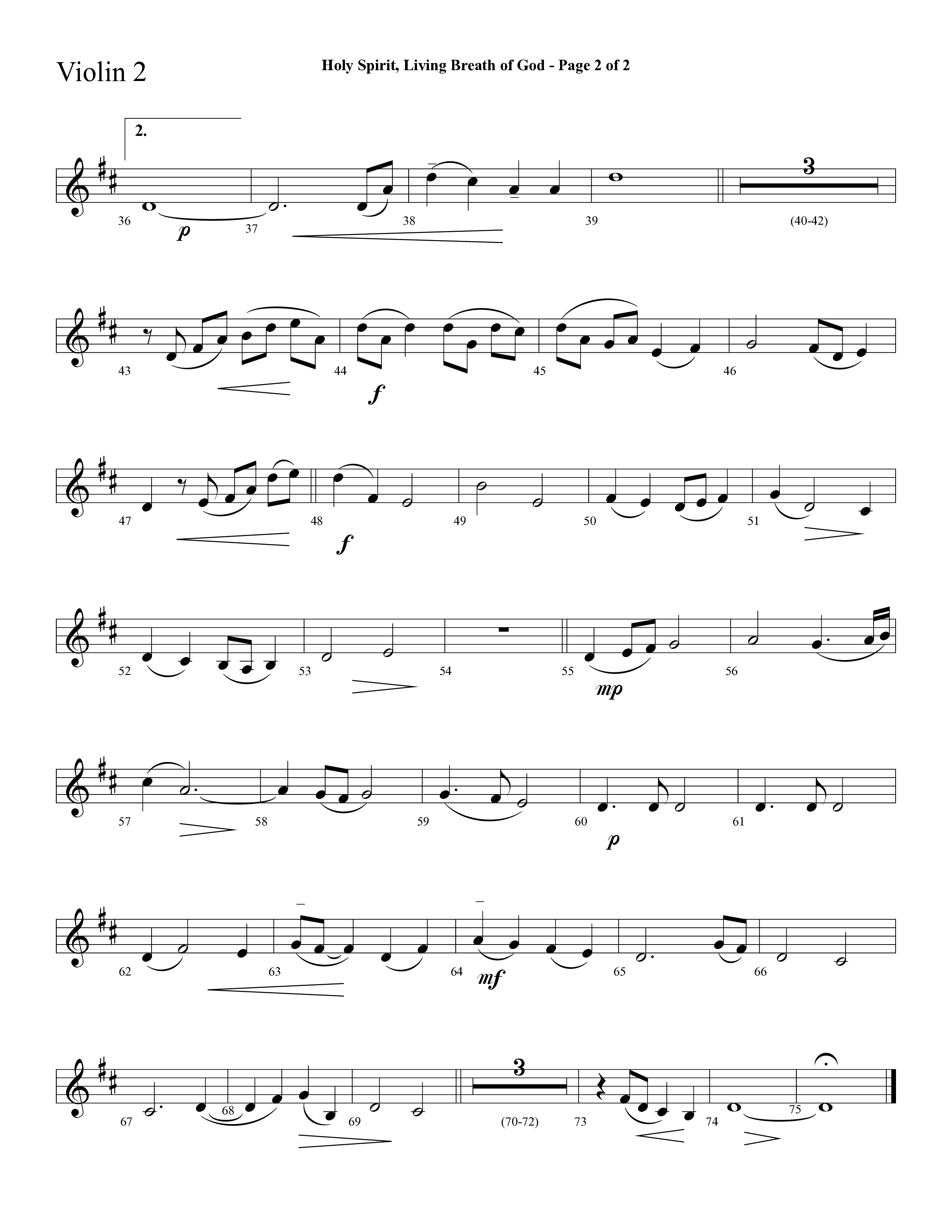 Holy Spirit Living Breath Of God (with Gabriel's Oboe) (Choral Anthem SATB) Violin 2 (Lifeway Choral / Arr. David Hamilton)