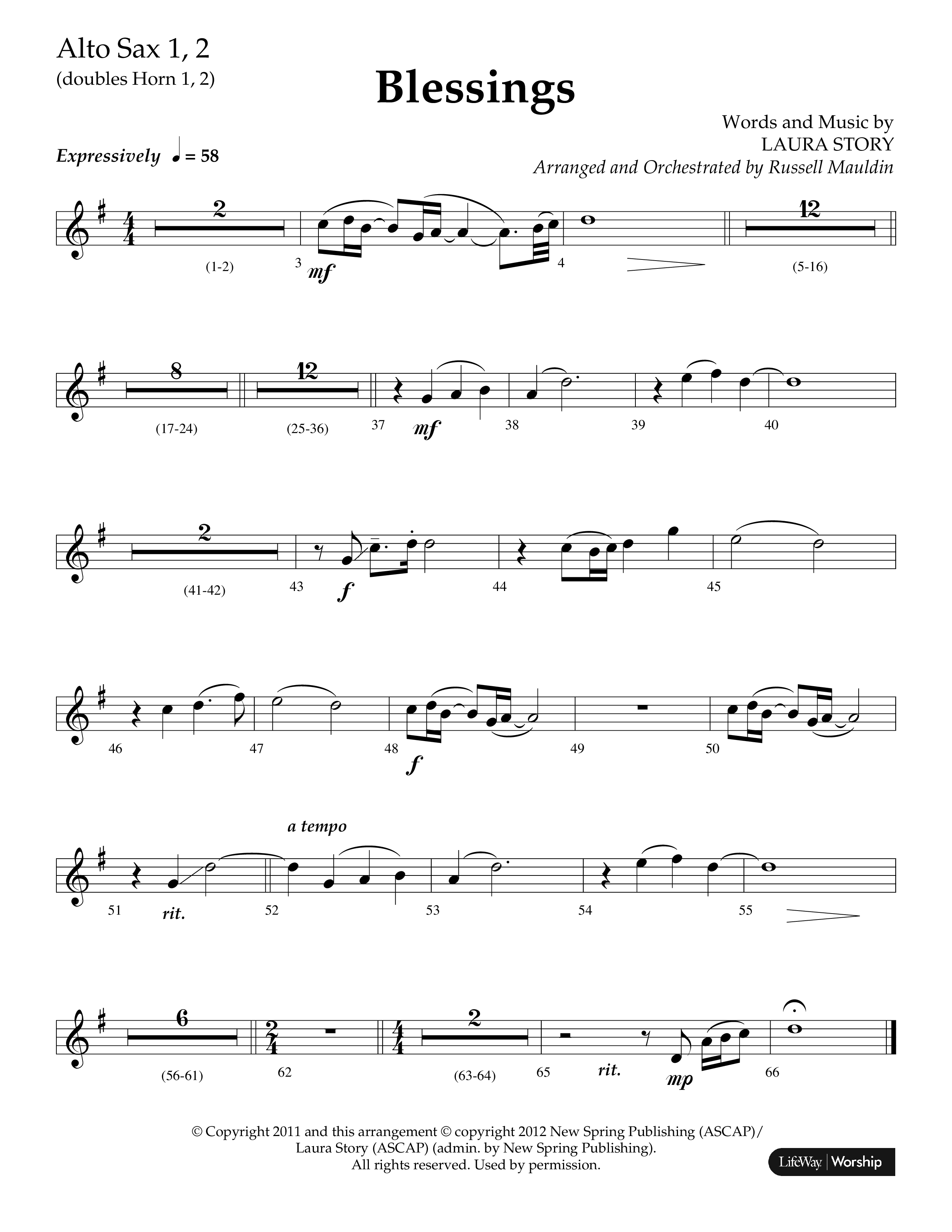 Blessings (Choral Anthem SATB) Alto Sax 1/2 (Lifeway Choral / Arr. Russell Mauldin)