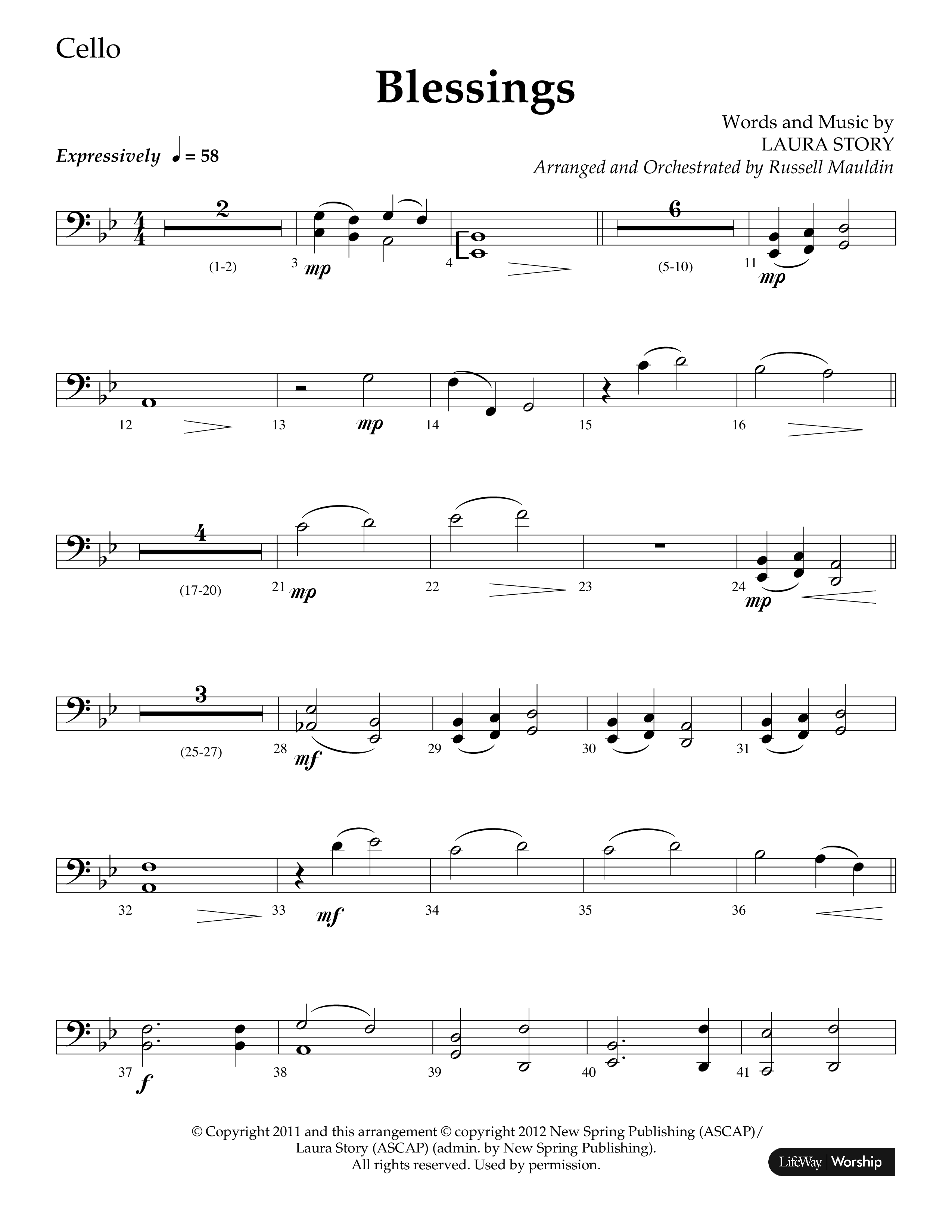 Blessings (Choral Anthem SATB) Cello (Lifeway Choral / Arr. Russell Mauldin)