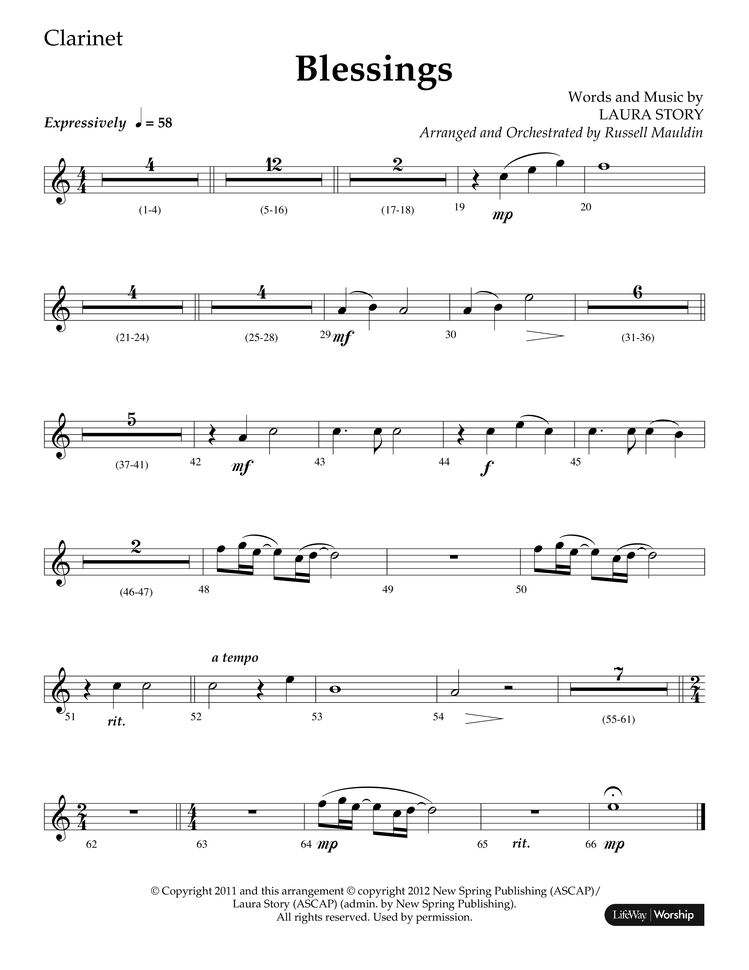 Blessings (Choral Anthem SATB) Clarinet 1/2 (Lifeway Choral / Arr. Russell Mauldin)