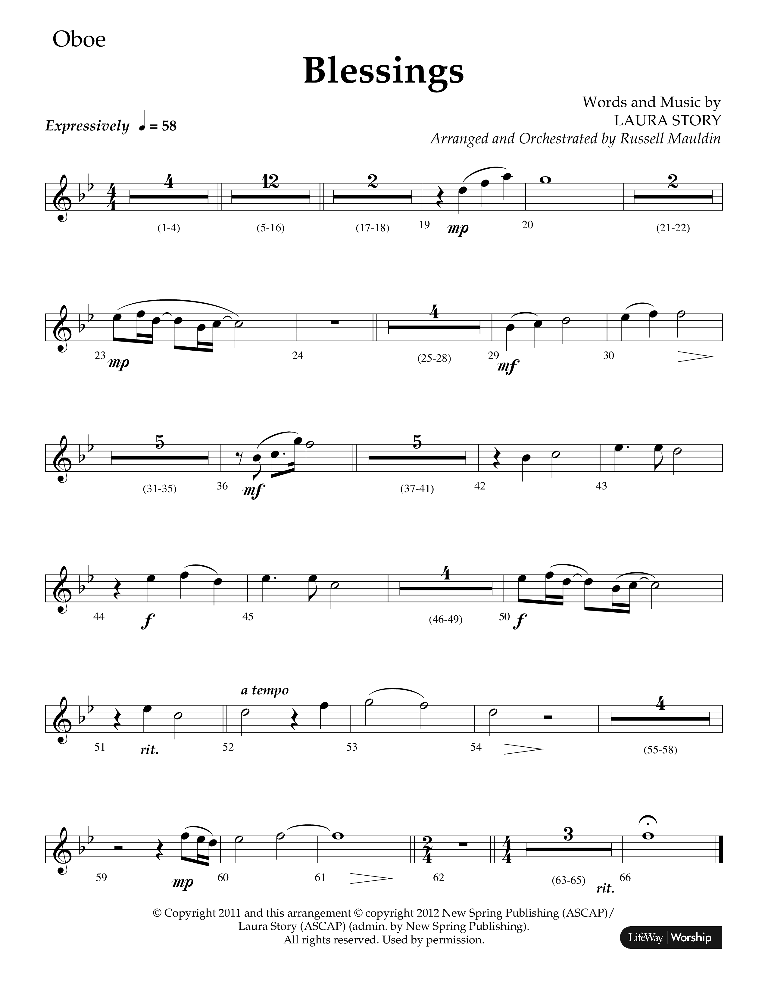 Blessings (Choral Anthem SATB) Oboe (Lifeway Choral / Arr. Russell Mauldin)