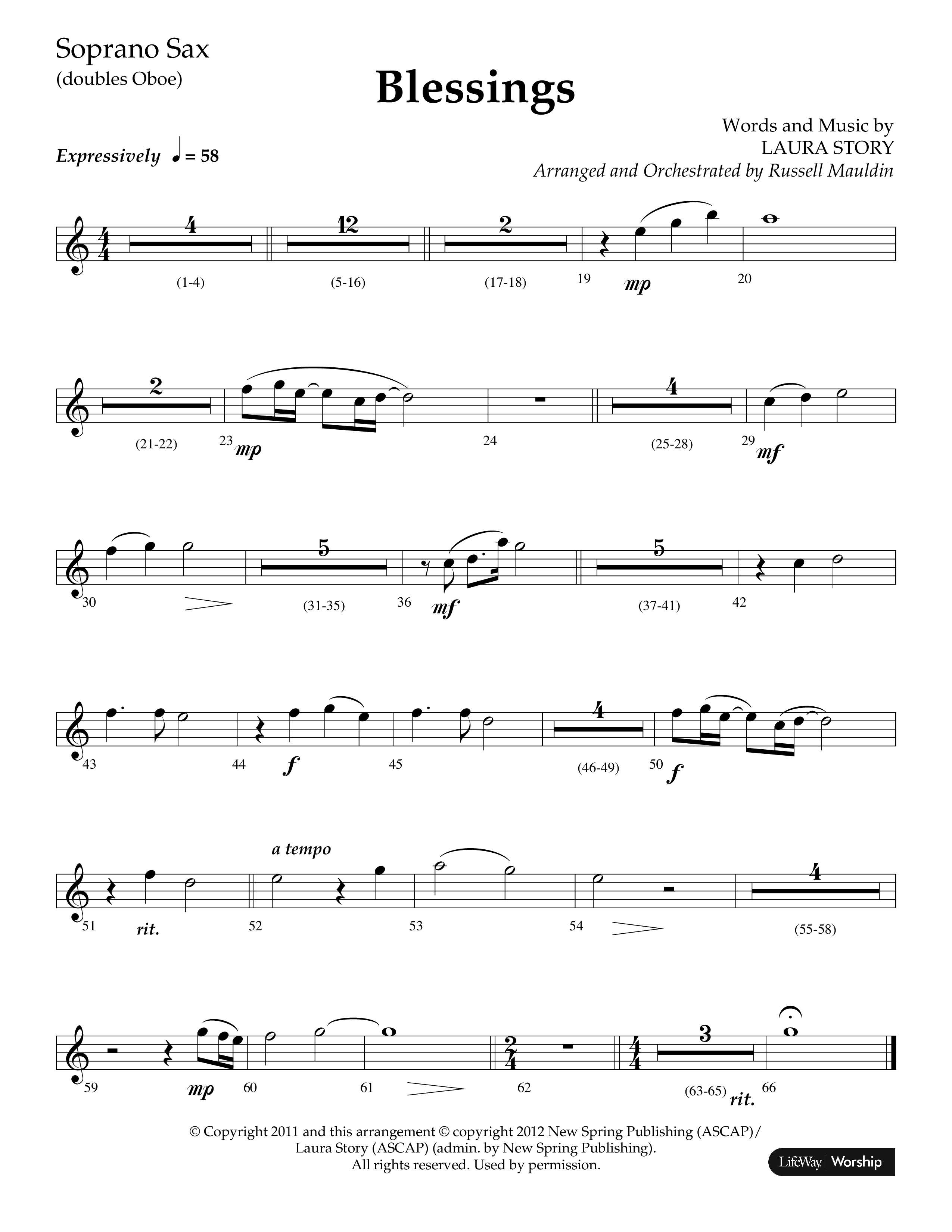Blessings (Choral Anthem SATB) Soprano Sax (Lifeway Choral / Arr. Russell Mauldin)