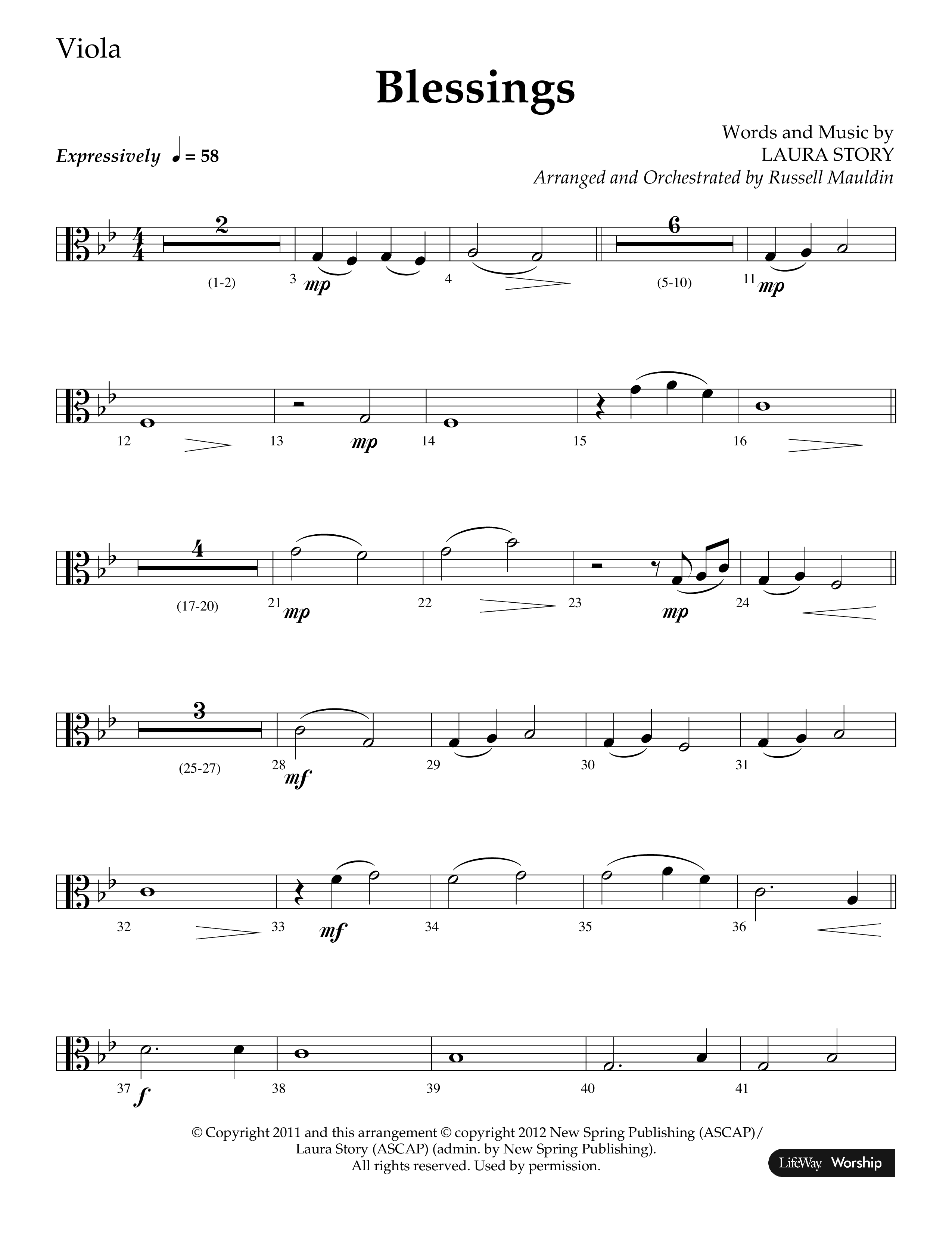 Blessings (Choral Anthem SATB) Viola (Lifeway Choral / Arr. Russell Mauldin)