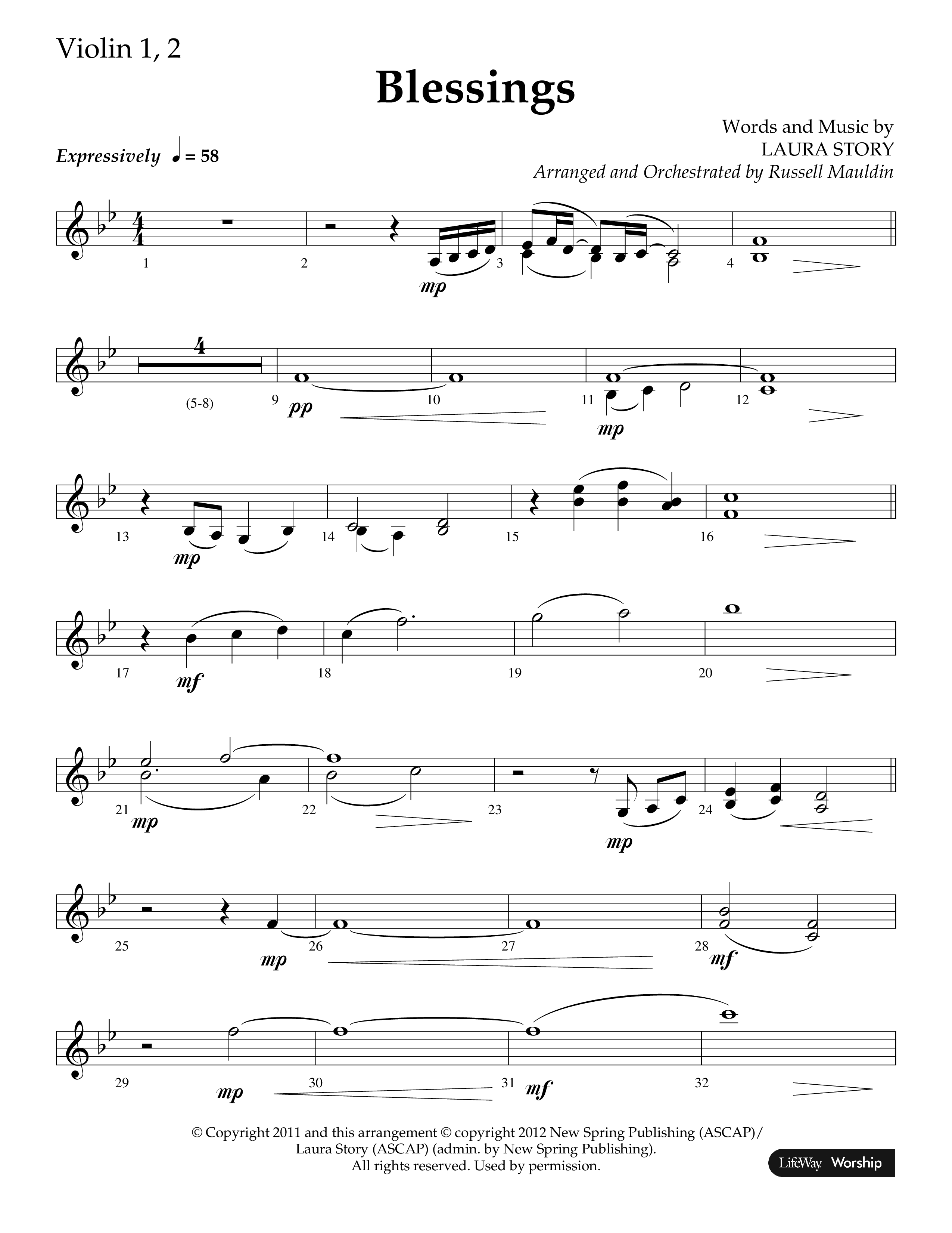 Blessings (Choral Anthem SATB) Violin 1/2 (Lifeway Choral / Arr. Russell Mauldin)