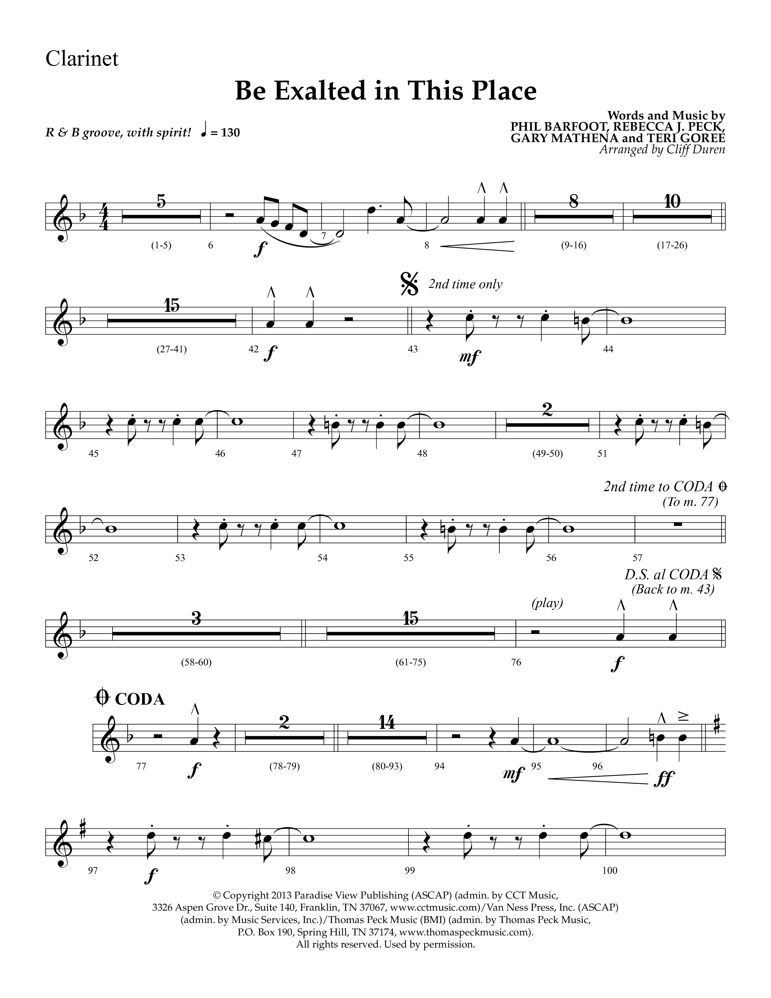 Be Exalted In This Place (Choral Anthem SATB) Clarinet 1/2 (Lifeway Choral / Arr. Cliff Duren)