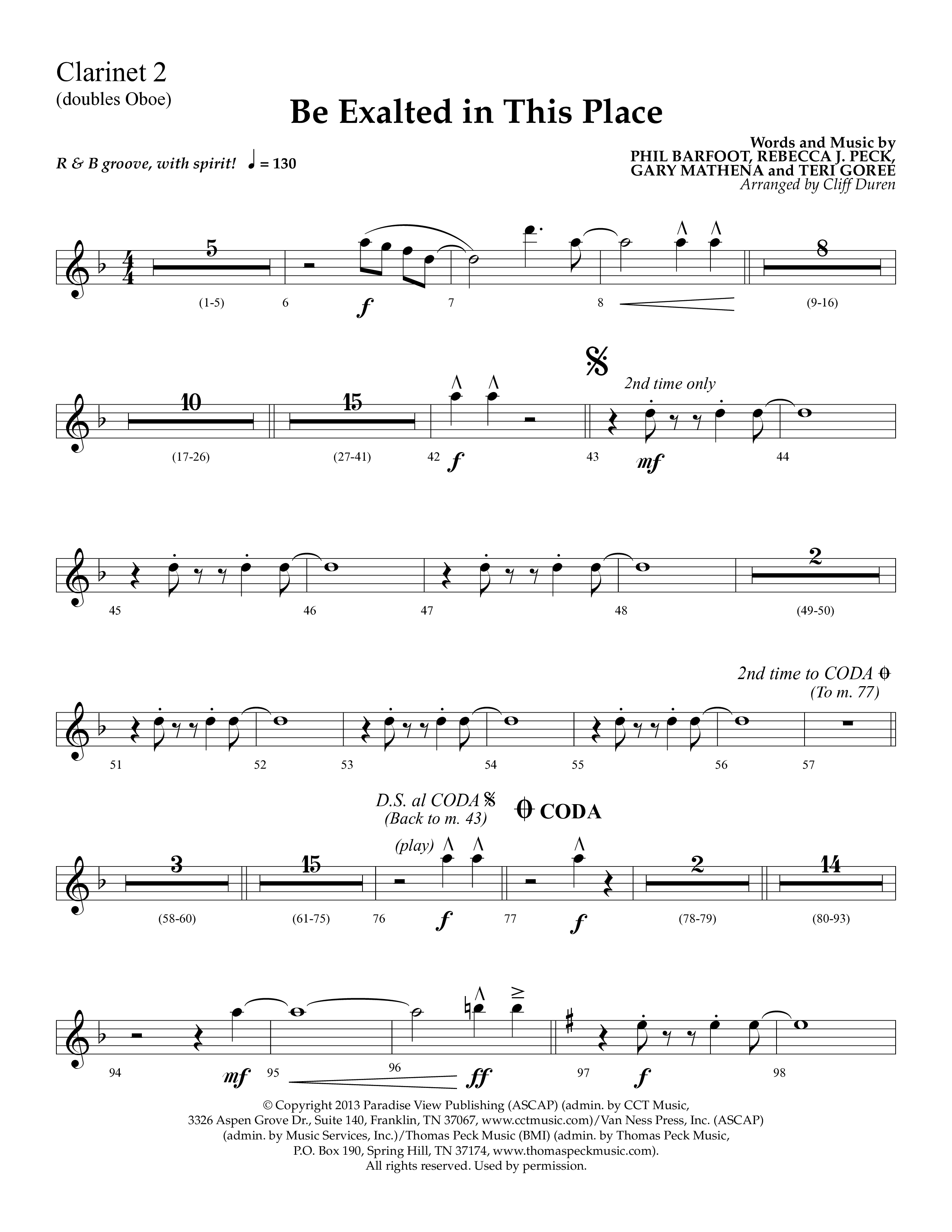 Be Exalted In This Place (Choral Anthem SATB) Clarinet 1/2 (Lifeway Choral / Arr. Cliff Duren)