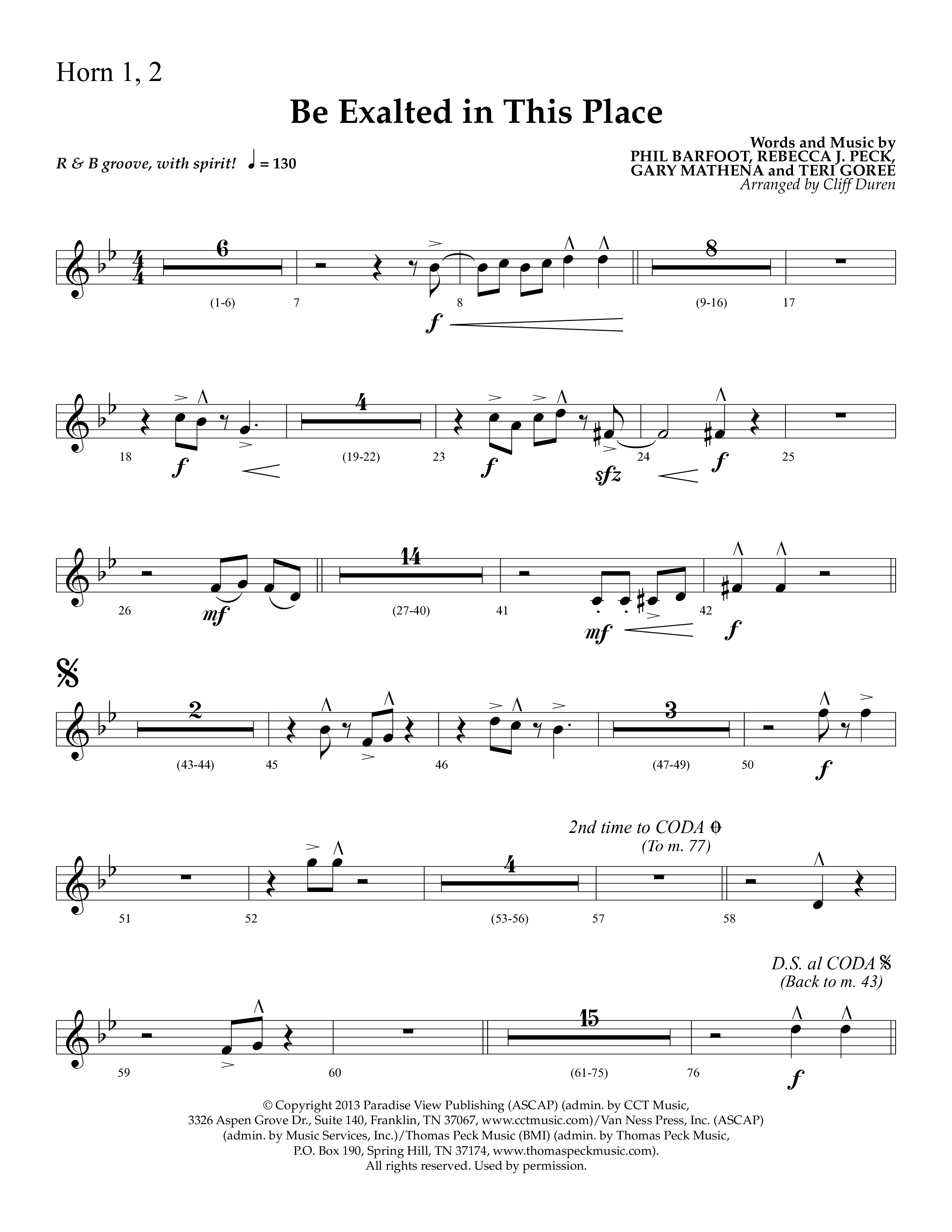 Be Exalted In This Place (Choral Anthem SATB) French Horn 1/2 (Lifeway Choral / Arr. Cliff Duren)