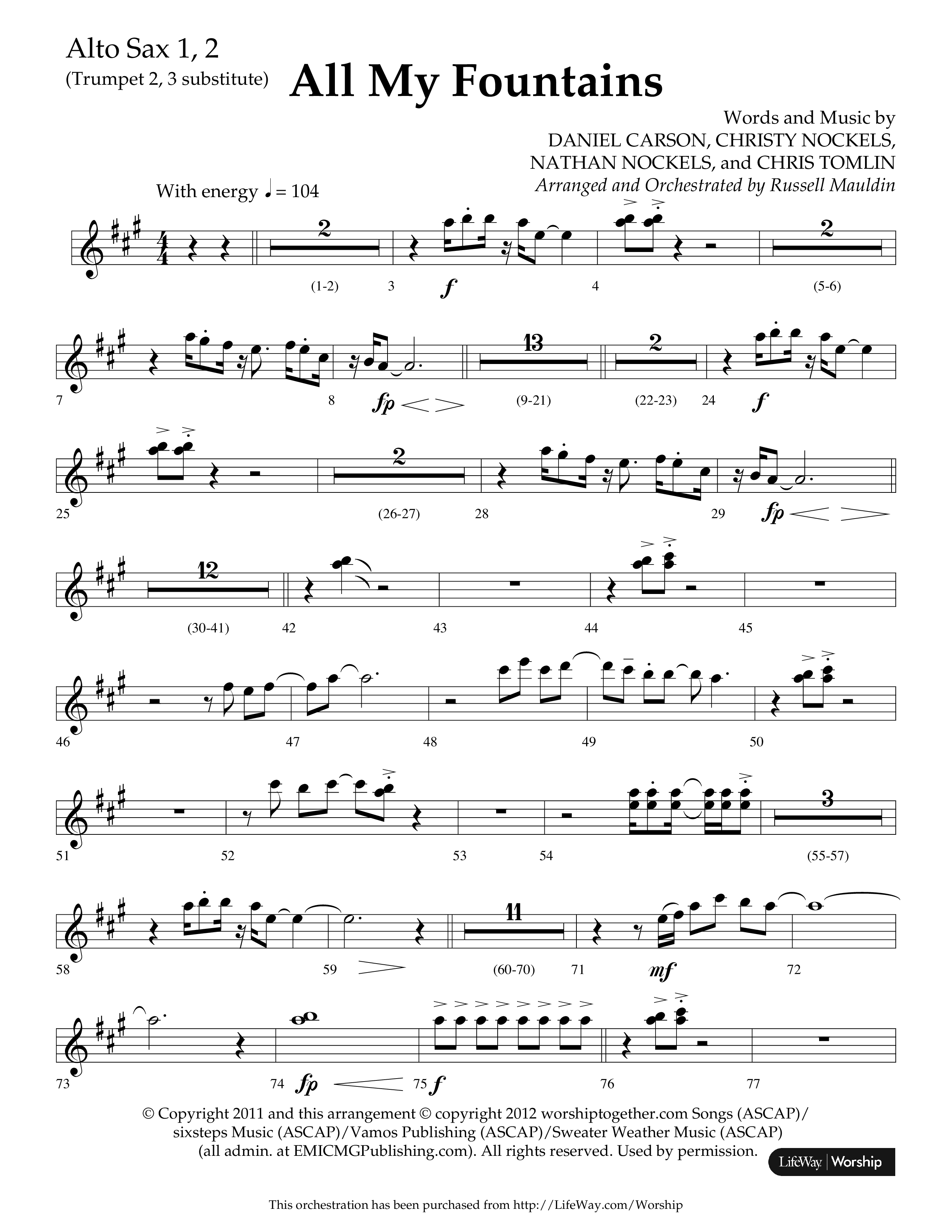 All My Fountains (Choral Anthem SATB) Alto Sax 1/2 (Lifeway Choral / Arr. Russell Mauldin)