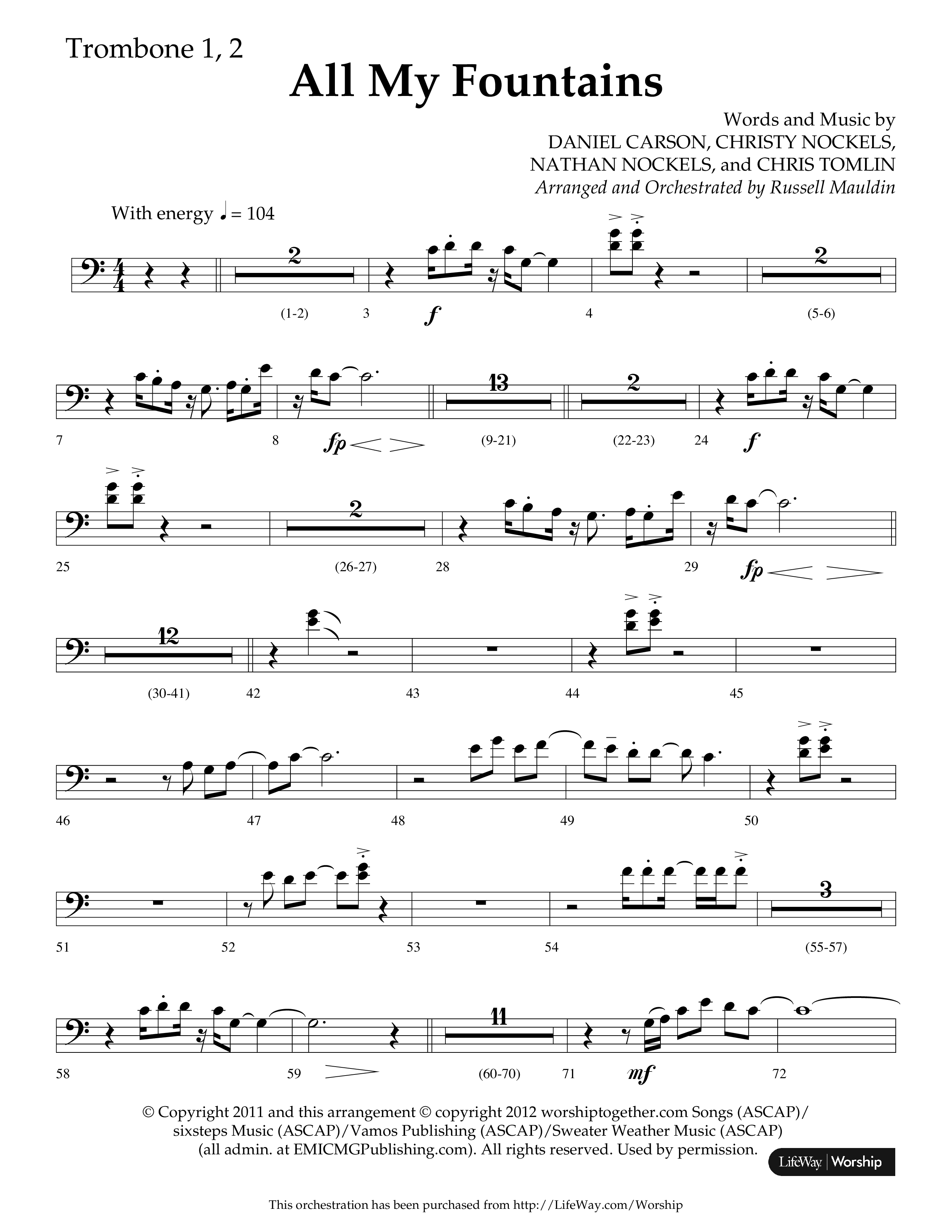 All My Fountains (Choral Anthem SATB) Trombone 1/2 (Lifeway Choral / Arr. Russell Mauldin)