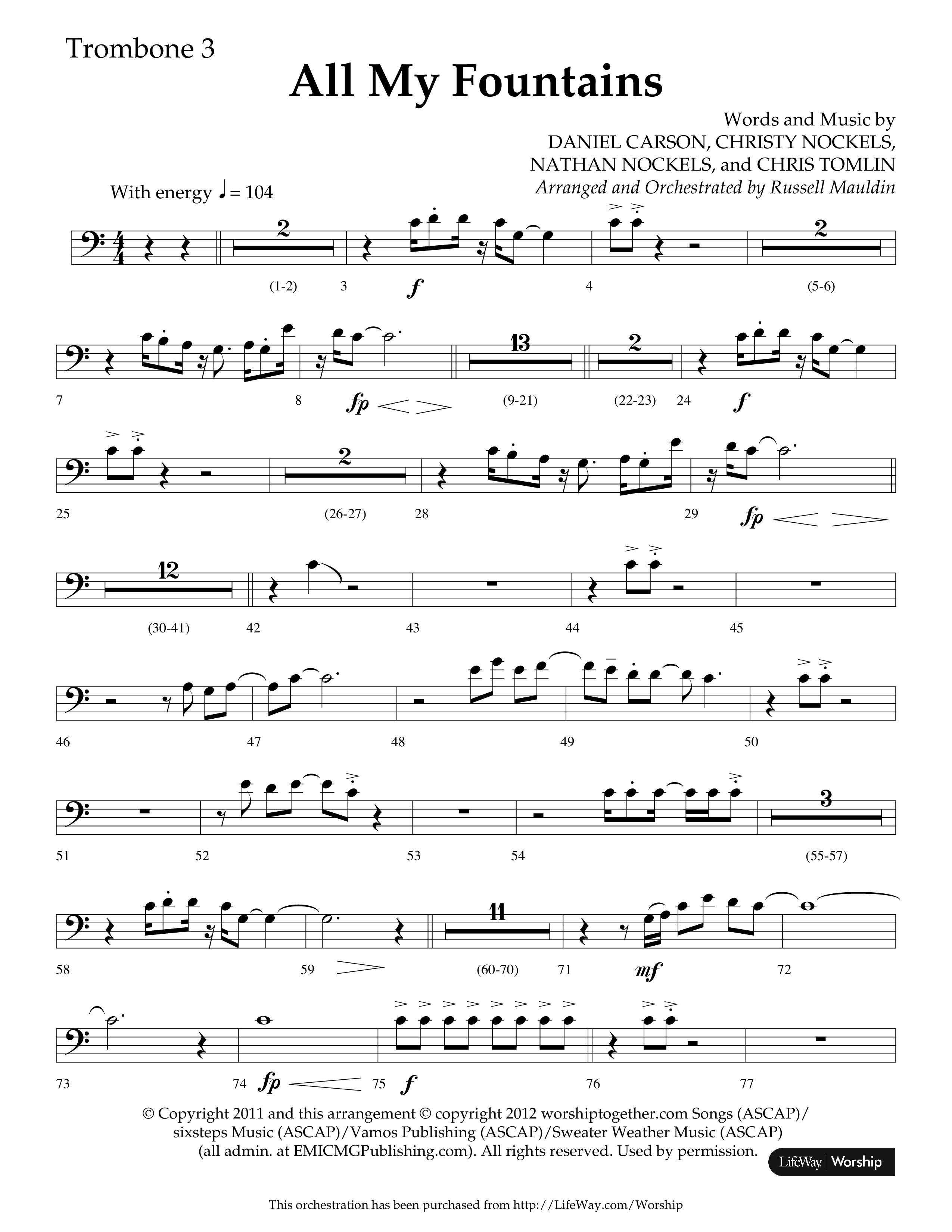 All My Fountains (Choral Anthem SATB) Trombone 3 (Lifeway Choral / Arr. Russell Mauldin)