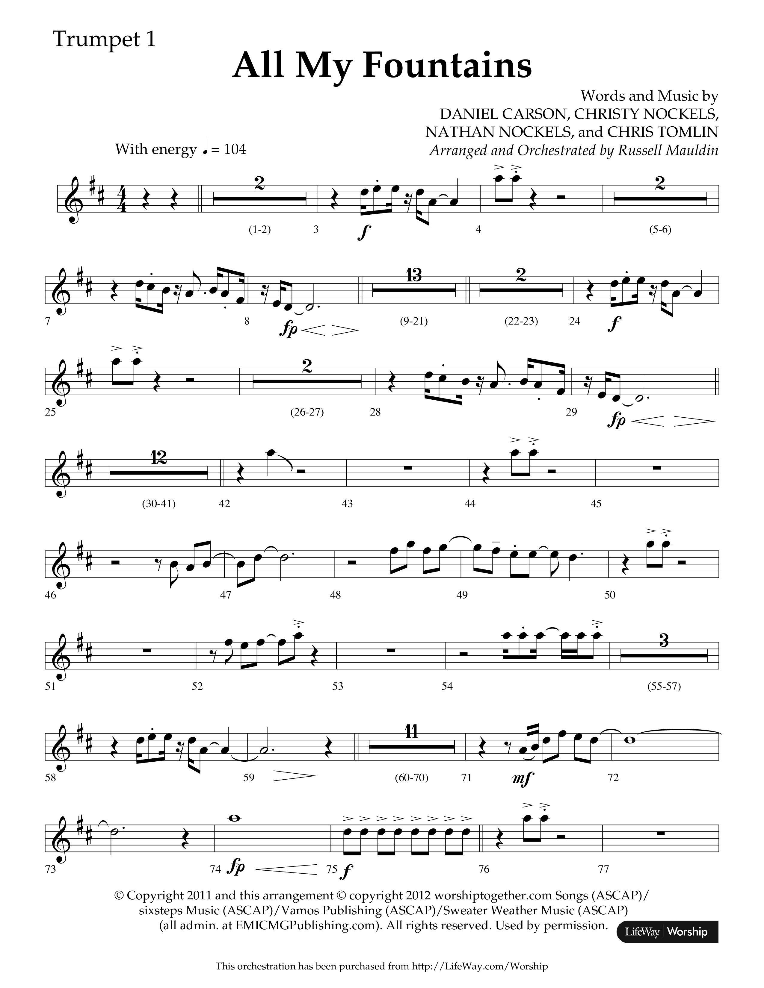 All My Fountains (Choral Anthem SATB) Trumpet 1 (Lifeway Choral / Arr. Russell Mauldin)