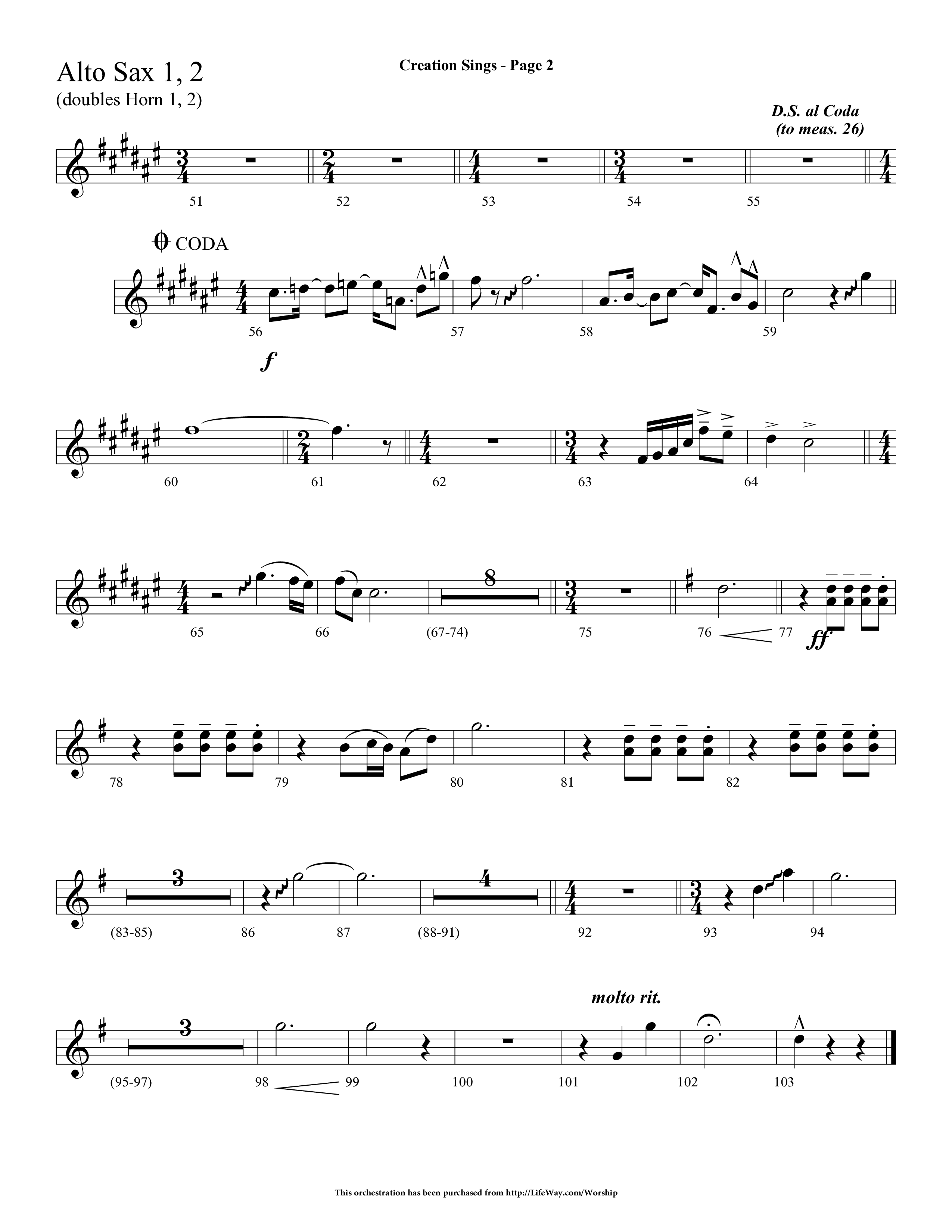 Creation Sings (Choral Anthem SATB) Alto Sax 1/2 (Lifeway Choral / Arr. Dave Williamson)