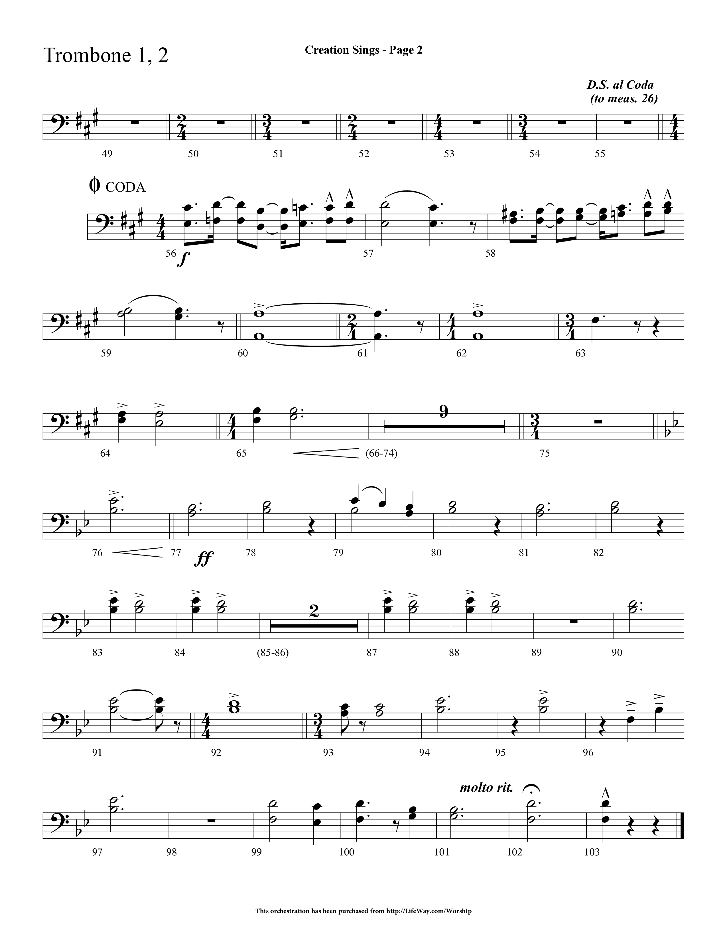 Creation Sings (Choral Anthem SATB) Trombone 1/2 (Lifeway Choral / Arr. Dave Williamson)