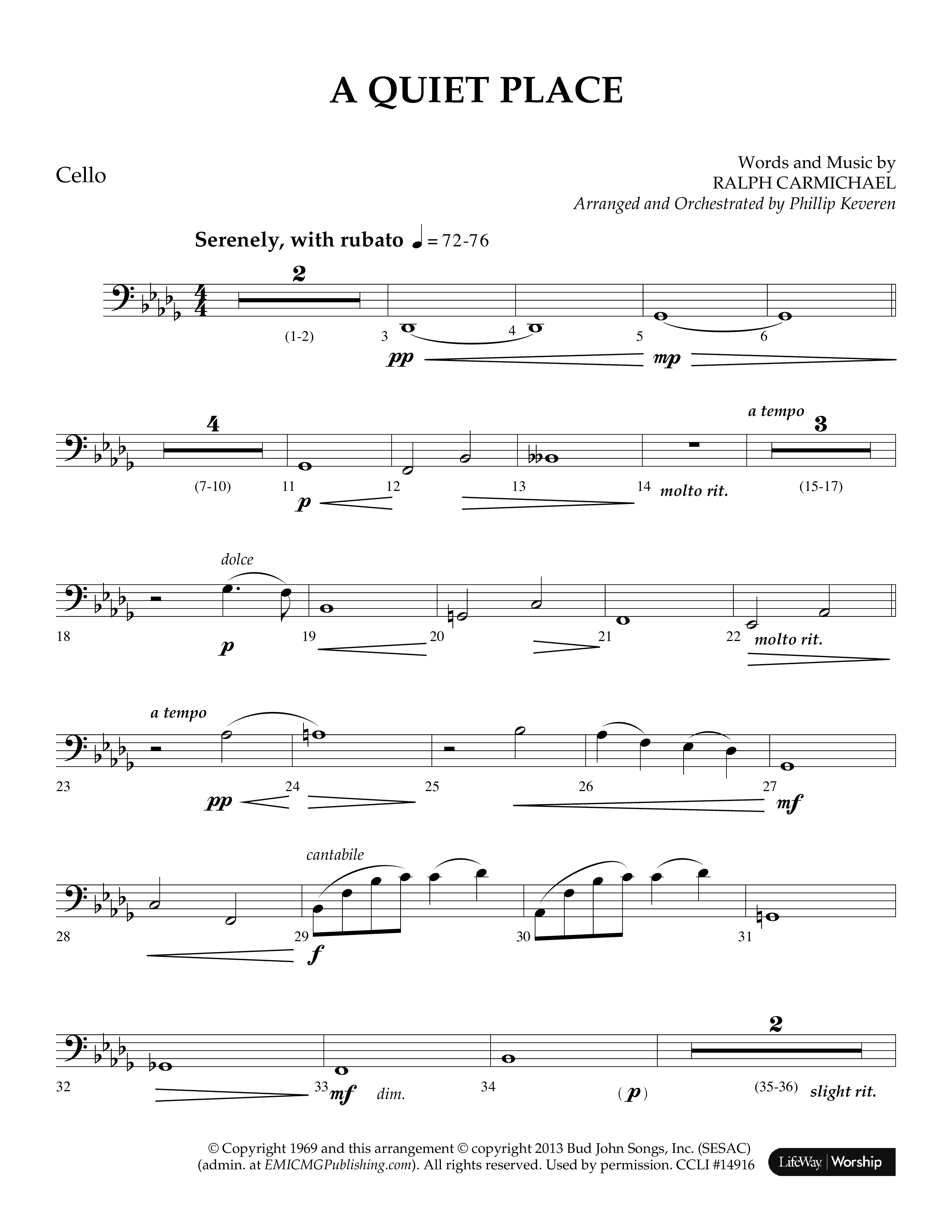 A Quiet Place (Choral Anthem SATB) Cello (Lifeway Choral / Arr. Phillip Keveren)
