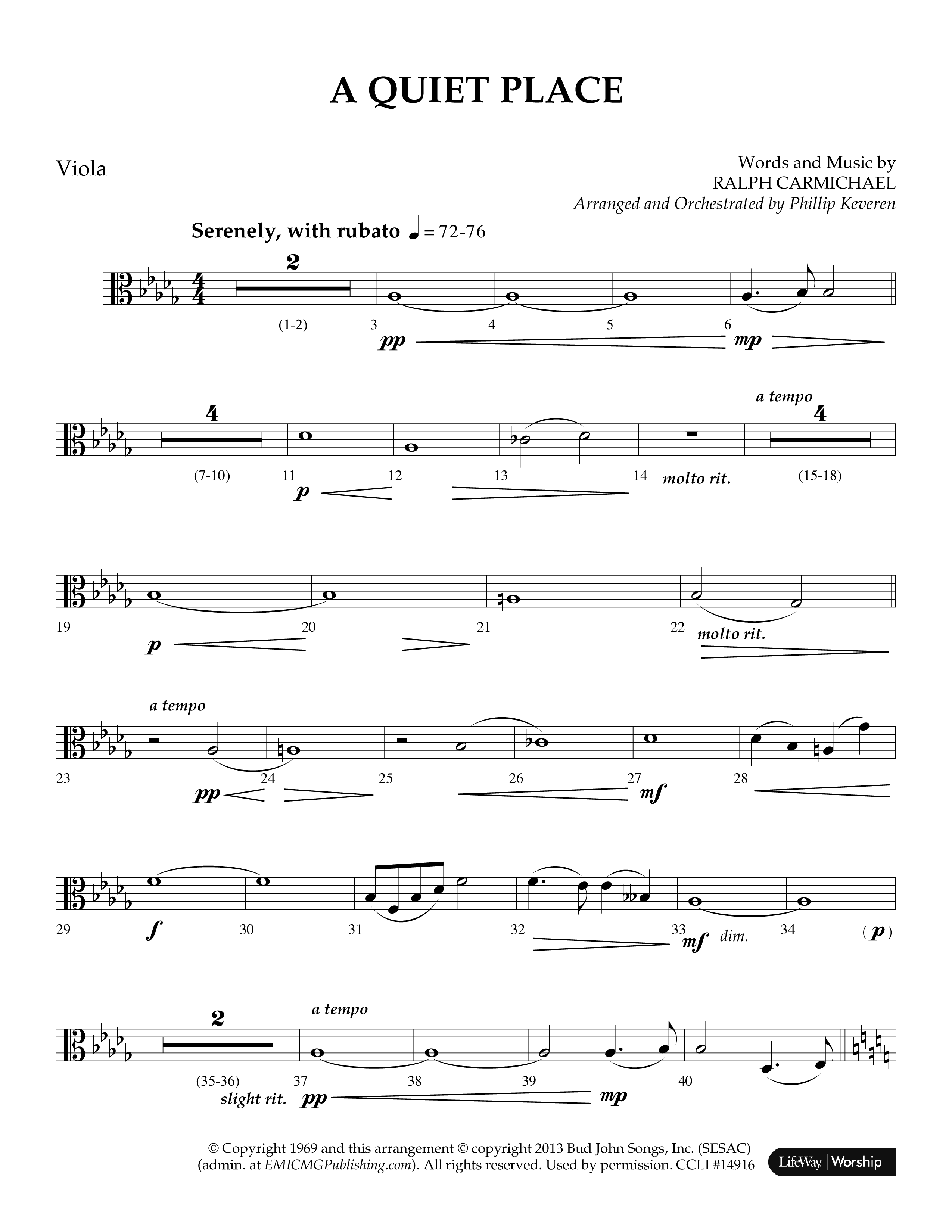 A Quiet Place (Choral Anthem SATB) Viola (Lifeway Choral / Arr. Phillip Keveren)