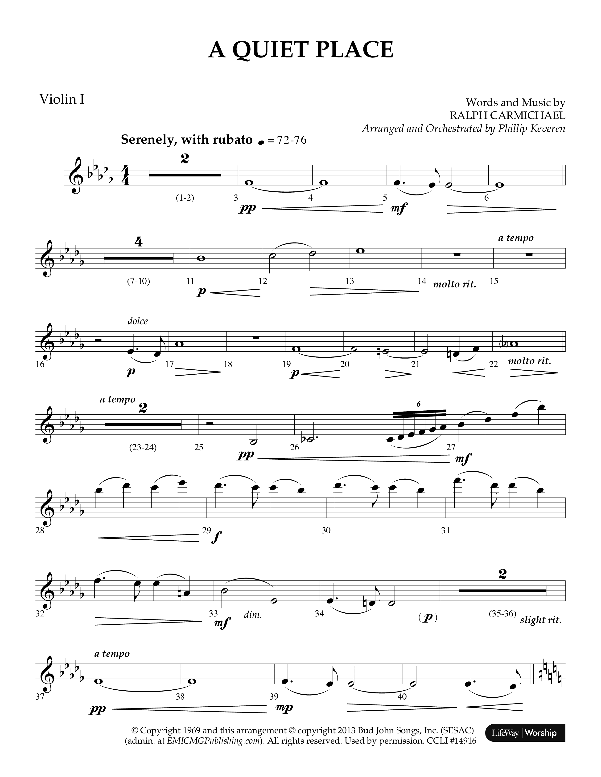 A Quiet Place (Choral Anthem SATB) Violin 1 (Lifeway Choral / Arr. Phillip Keveren)
