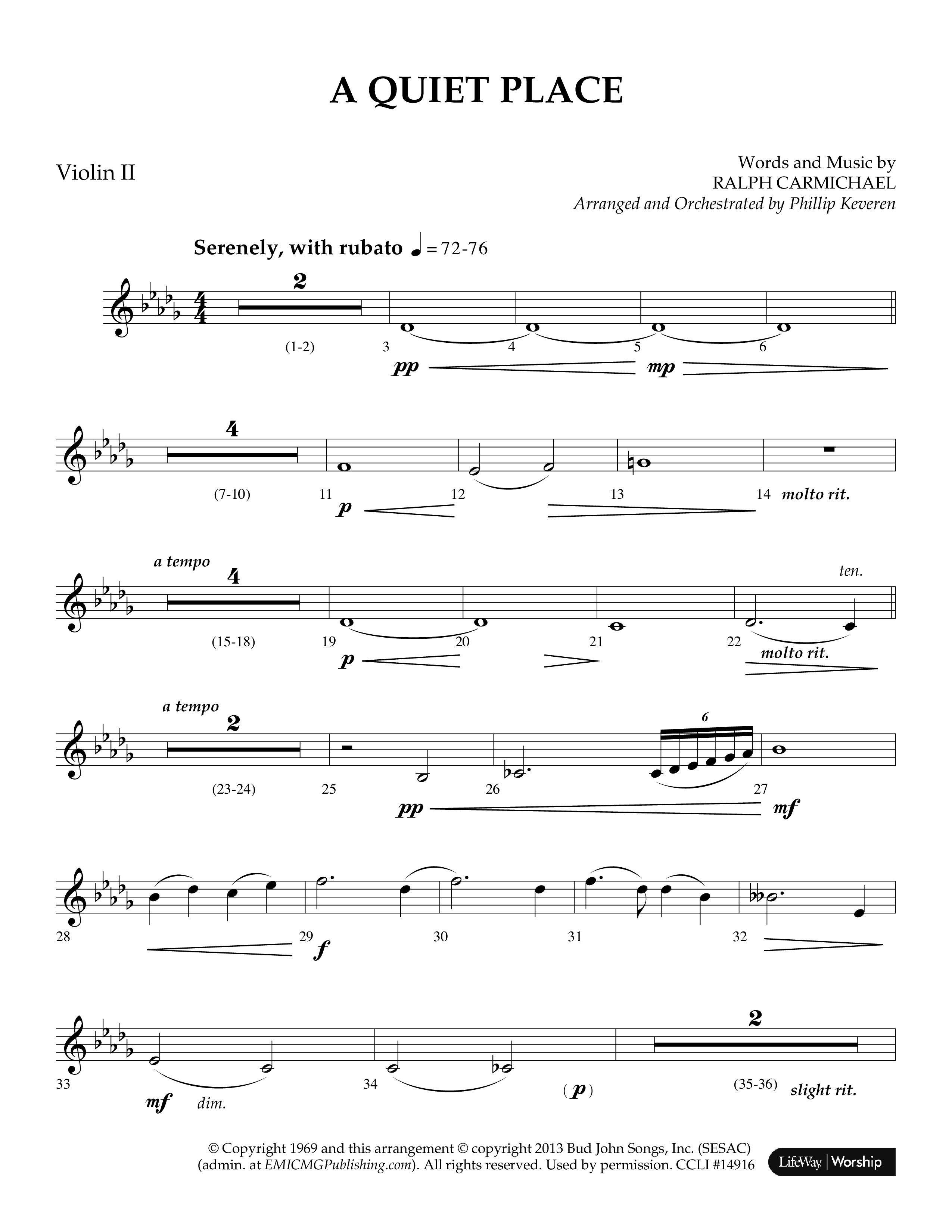 A Quiet Place (Choral Anthem SATB) Violin 2 (Lifeway Choral / Arr. Phillip Keveren)
