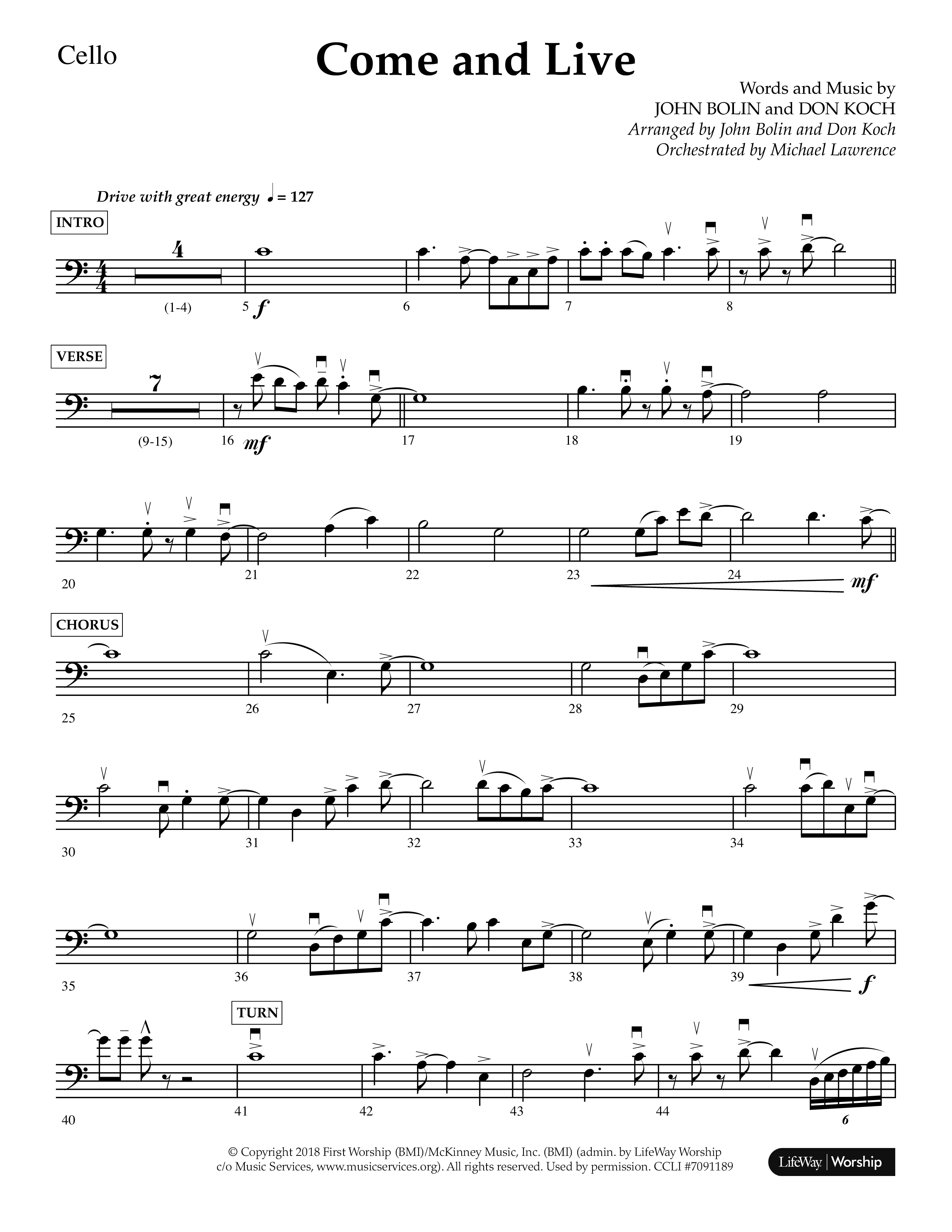 Come And Live (Choral Anthem SATB) Cello (Lifeway Choral / Arr. John Bolin / Arr. Don Koch / Orch. Michael Lawrence)