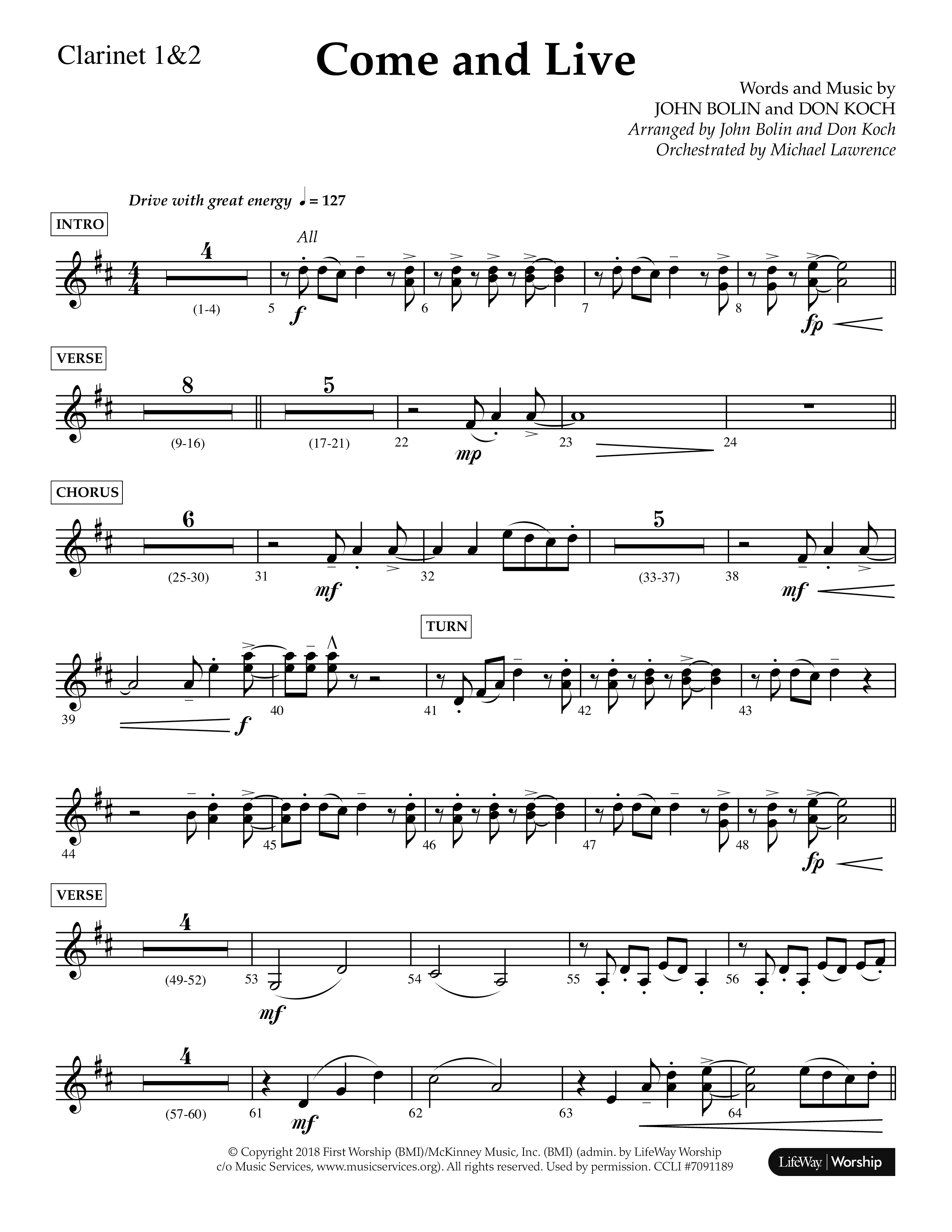 Come And Live (Choral Anthem SATB) Clarinet 1/2 (Lifeway Choral / Arr. John Bolin / Arr. Don Koch / Orch. Michael Lawrence)