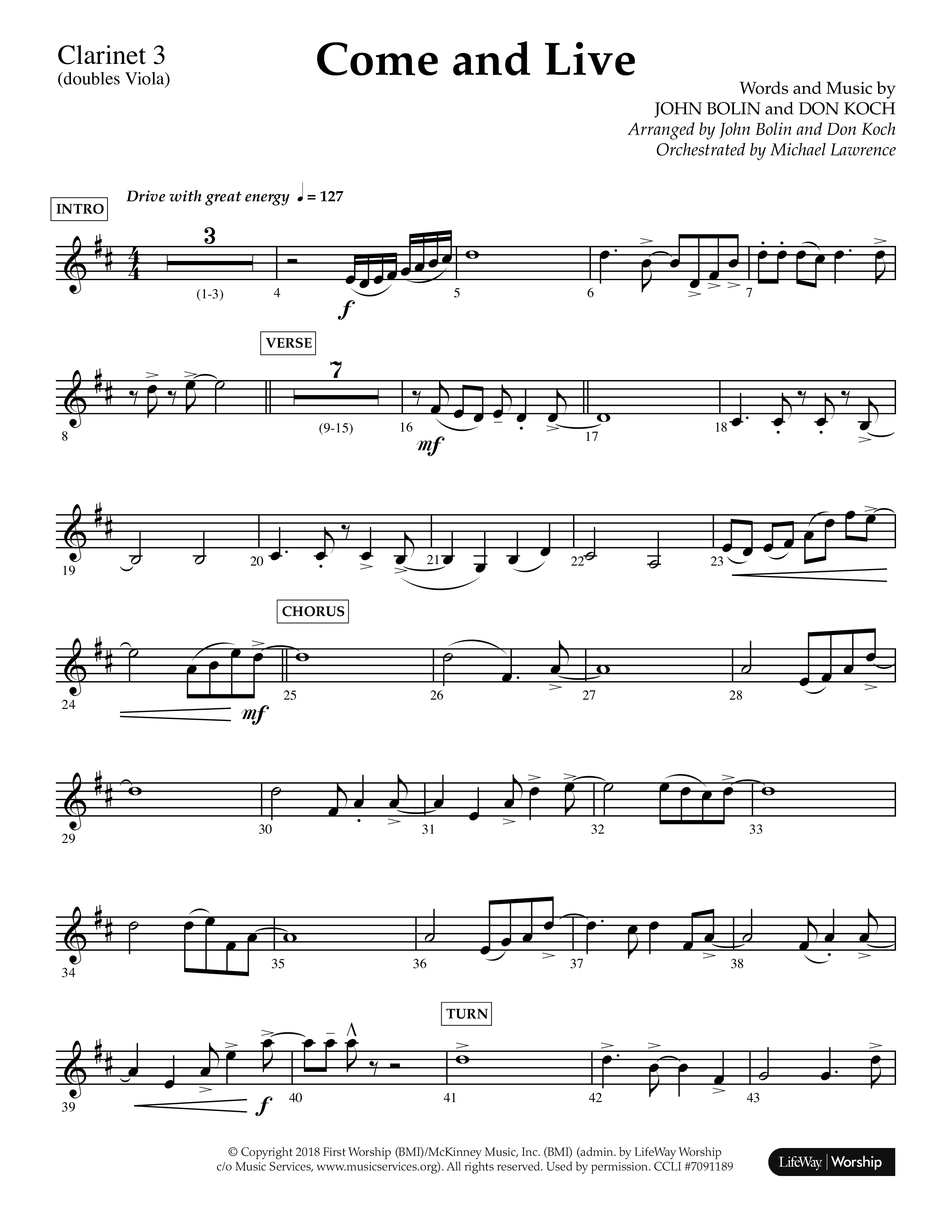 Come And Live (Choral Anthem SATB) Clarinet 3 (Lifeway Choral / Arr. John Bolin / Arr. Don Koch / Orch. Michael Lawrence)