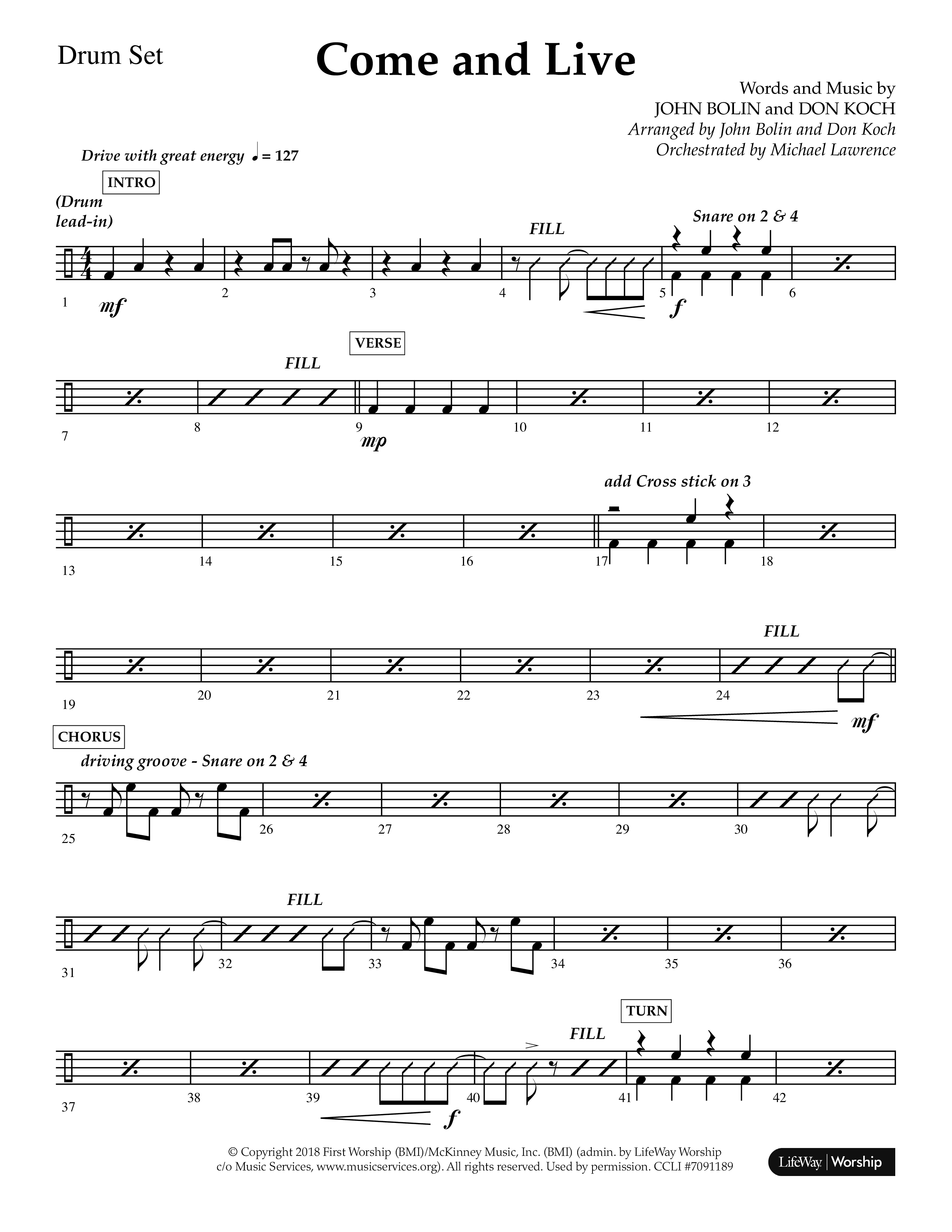 Come And Live (Choral Anthem SATB) Drum Set (Lifeway Choral / Arr. John Bolin / Arr. Don Koch / Orch. Michael Lawrence)