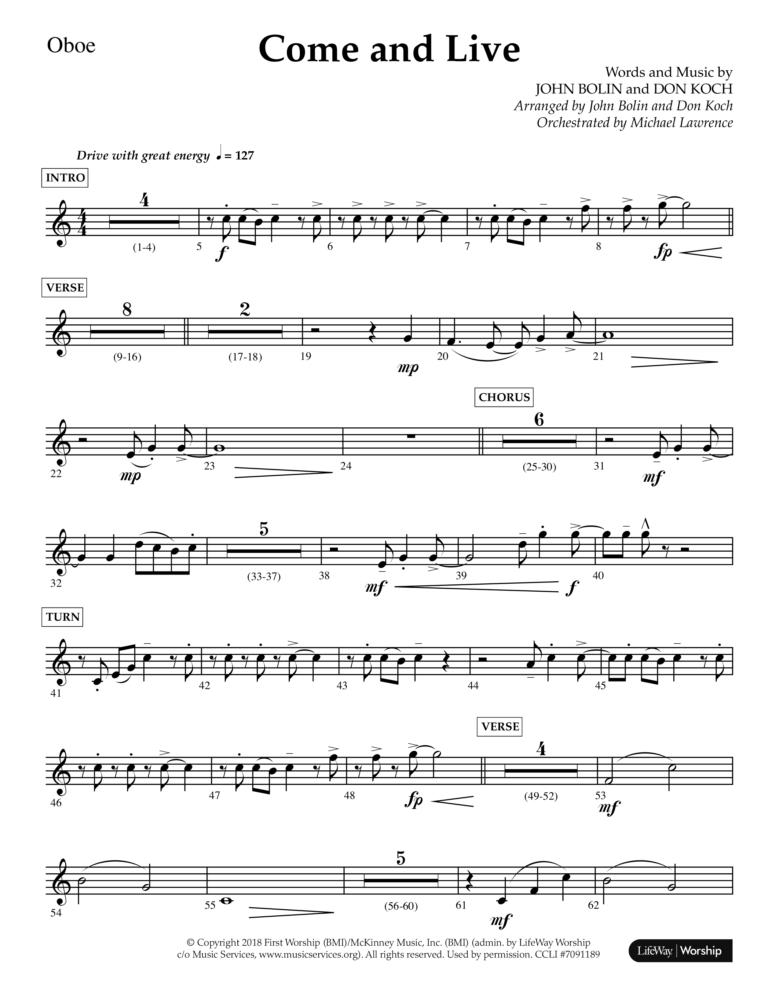 Come And Live (Choral Anthem SATB) Oboe (Lifeway Choral / Arr. John Bolin / Arr. Don Koch / Orch. Michael Lawrence)