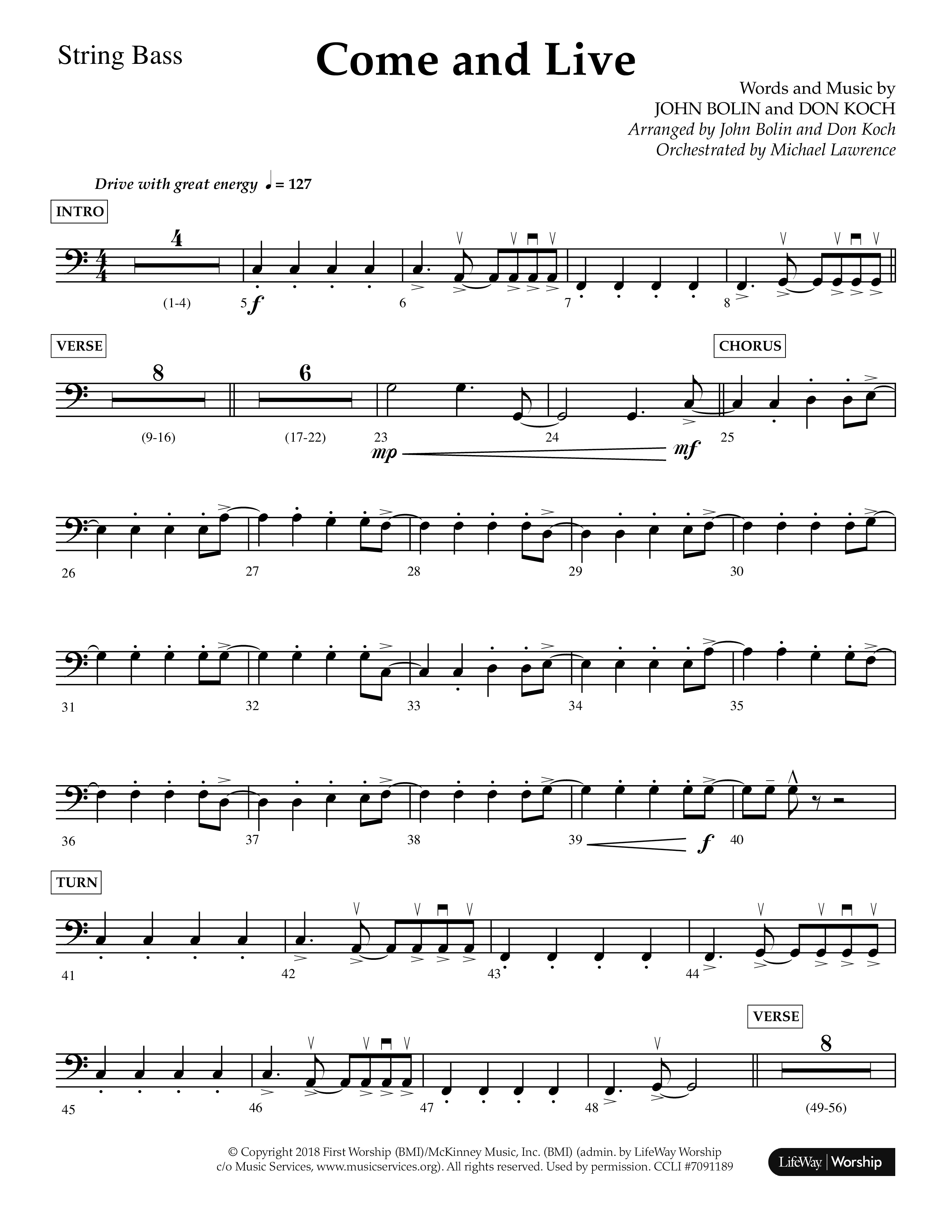 Come And Live (Choral Anthem SATB) String Bass (Lifeway Choral / Arr. John Bolin / Arr. Don Koch / Orch. Michael Lawrence)