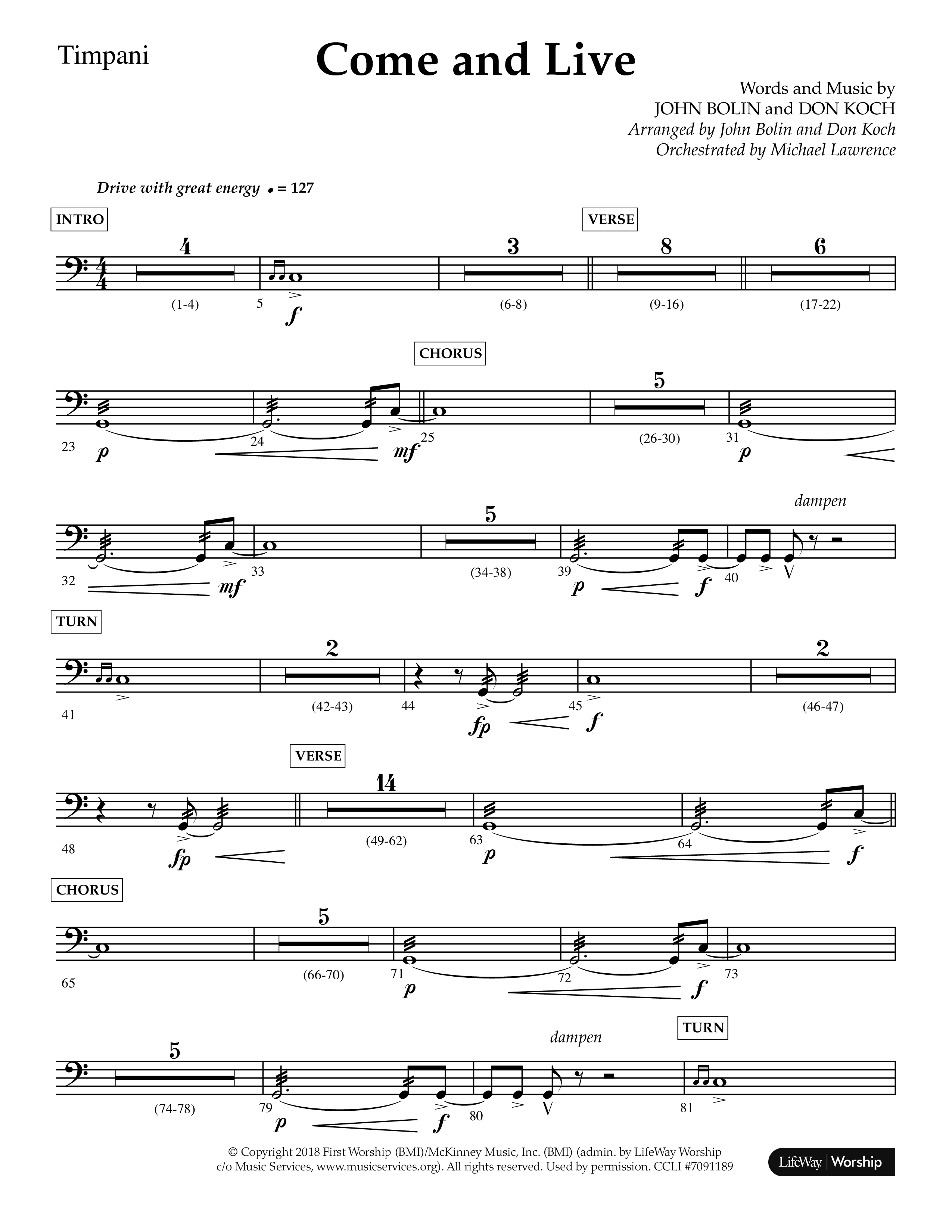 Come And Live (Choral Anthem SATB) Timpani (Lifeway Choral / Arr. John Bolin / Arr. Don Koch / Orch. Michael Lawrence)