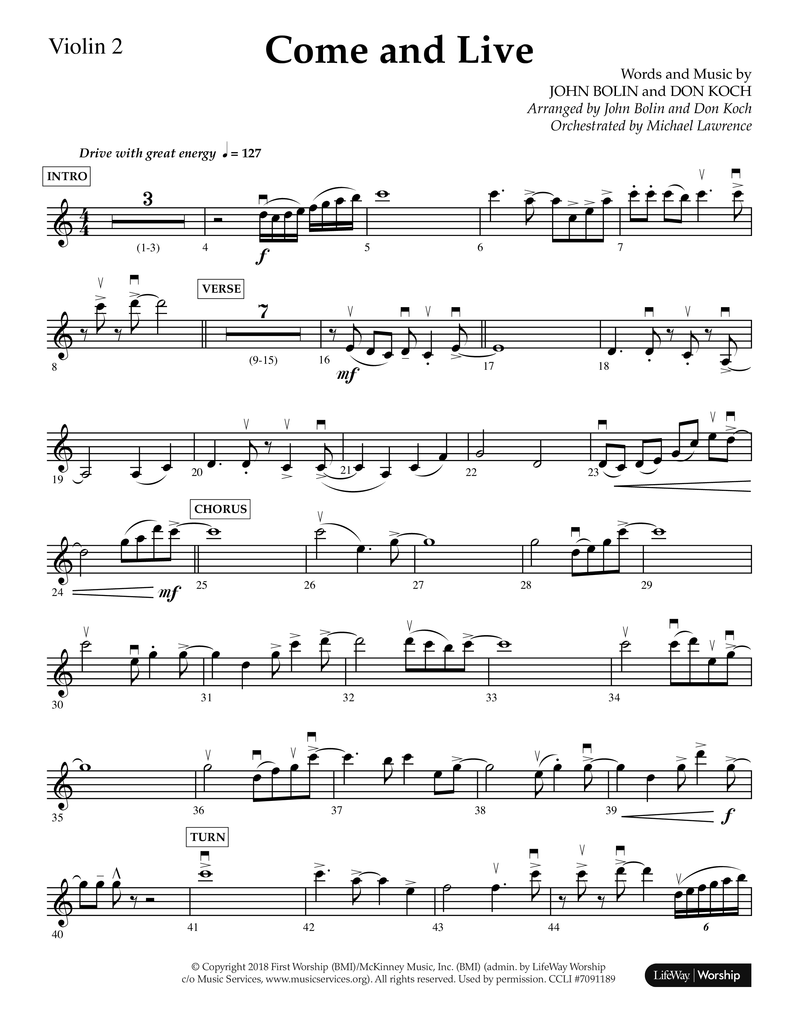 Come And Live (Choral Anthem SATB) Violin 2 (Lifeway Choral / Arr. John Bolin / Arr. Don Koch / Orch. Michael Lawrence)