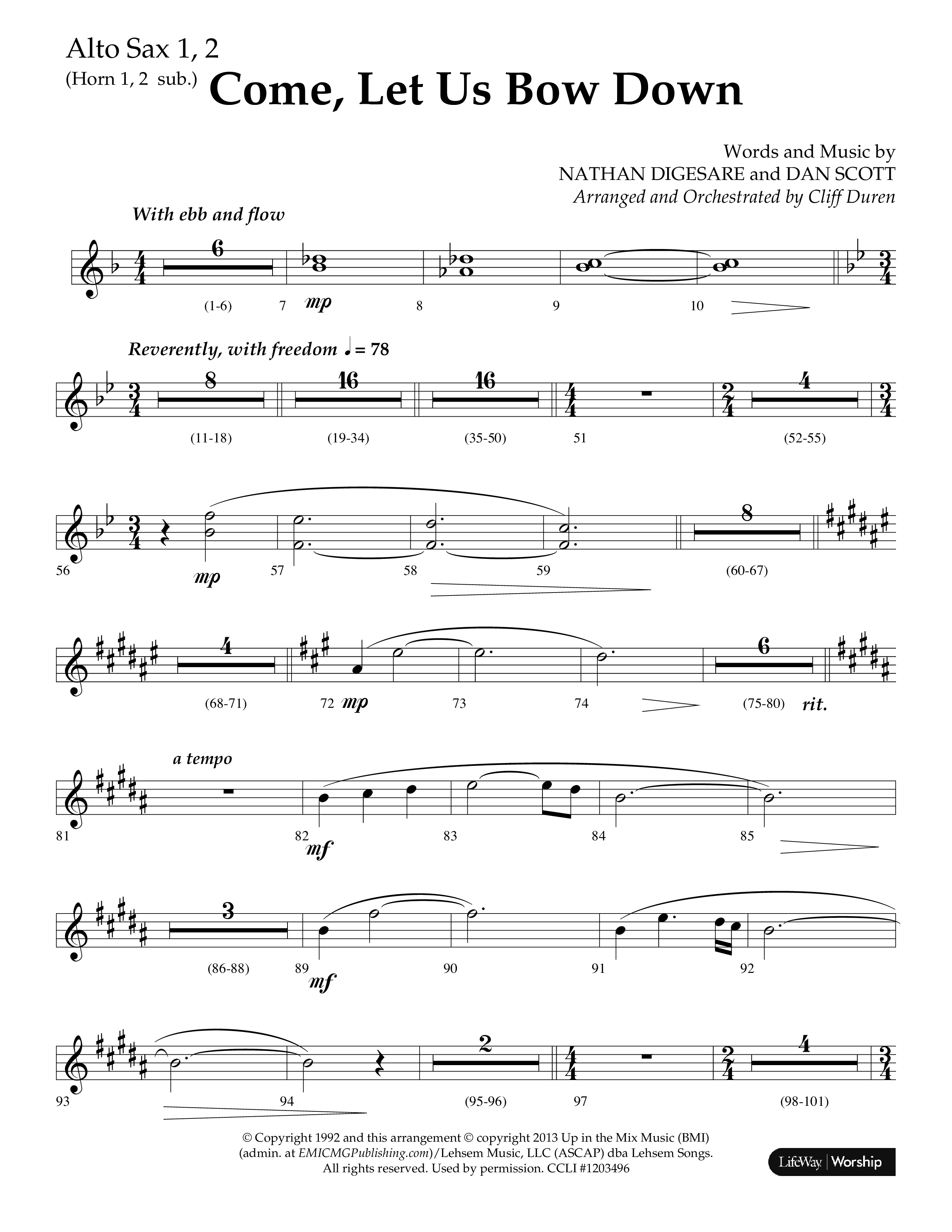 Come Let Us Bow Down (Choral Anthem SATB) Alto Sax 1/2 (Lifeway Choral / Arr. Cliff Duren)