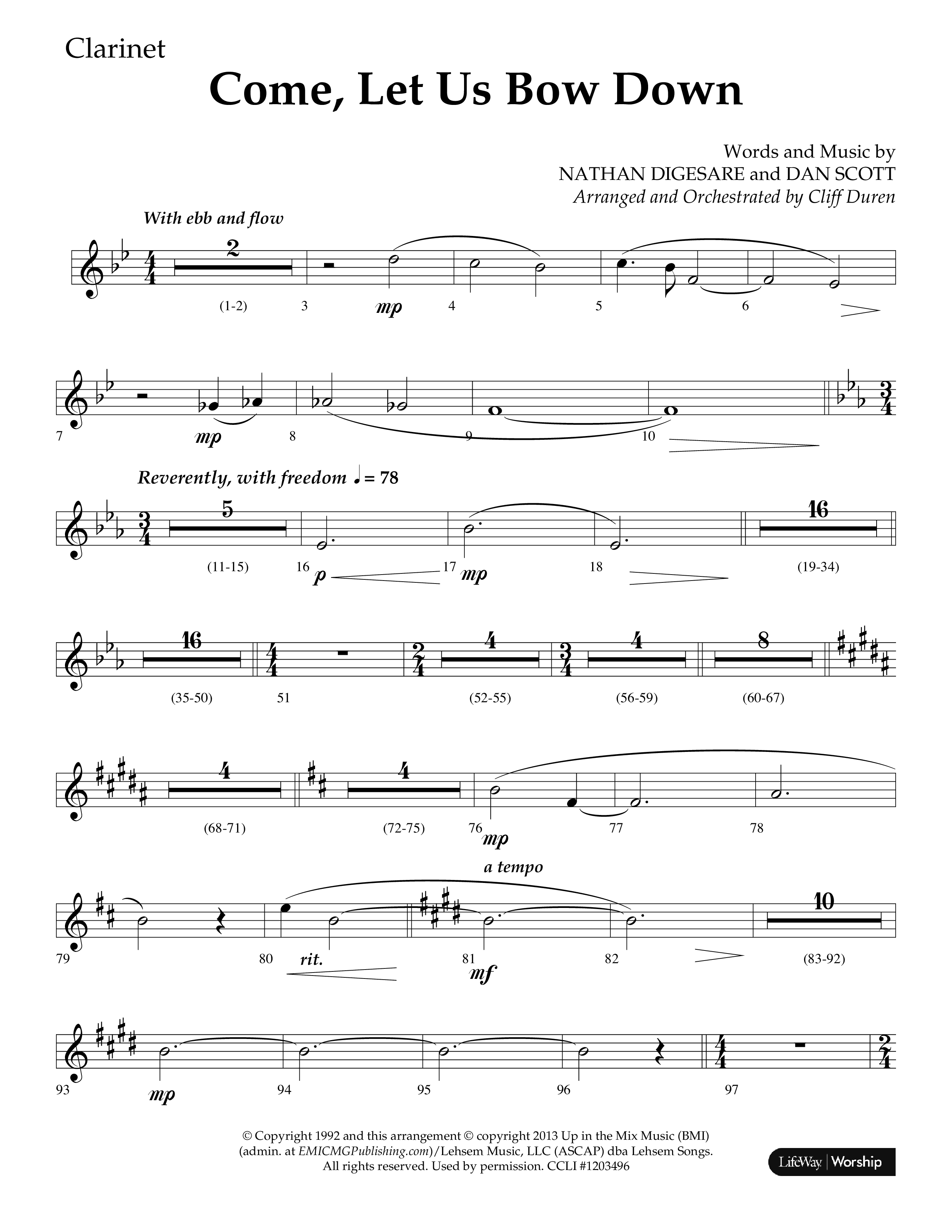 Come Let Us Bow Down (Choral Anthem SATB) Clarinet 1/2 (Lifeway Choral / Arr. Cliff Duren)