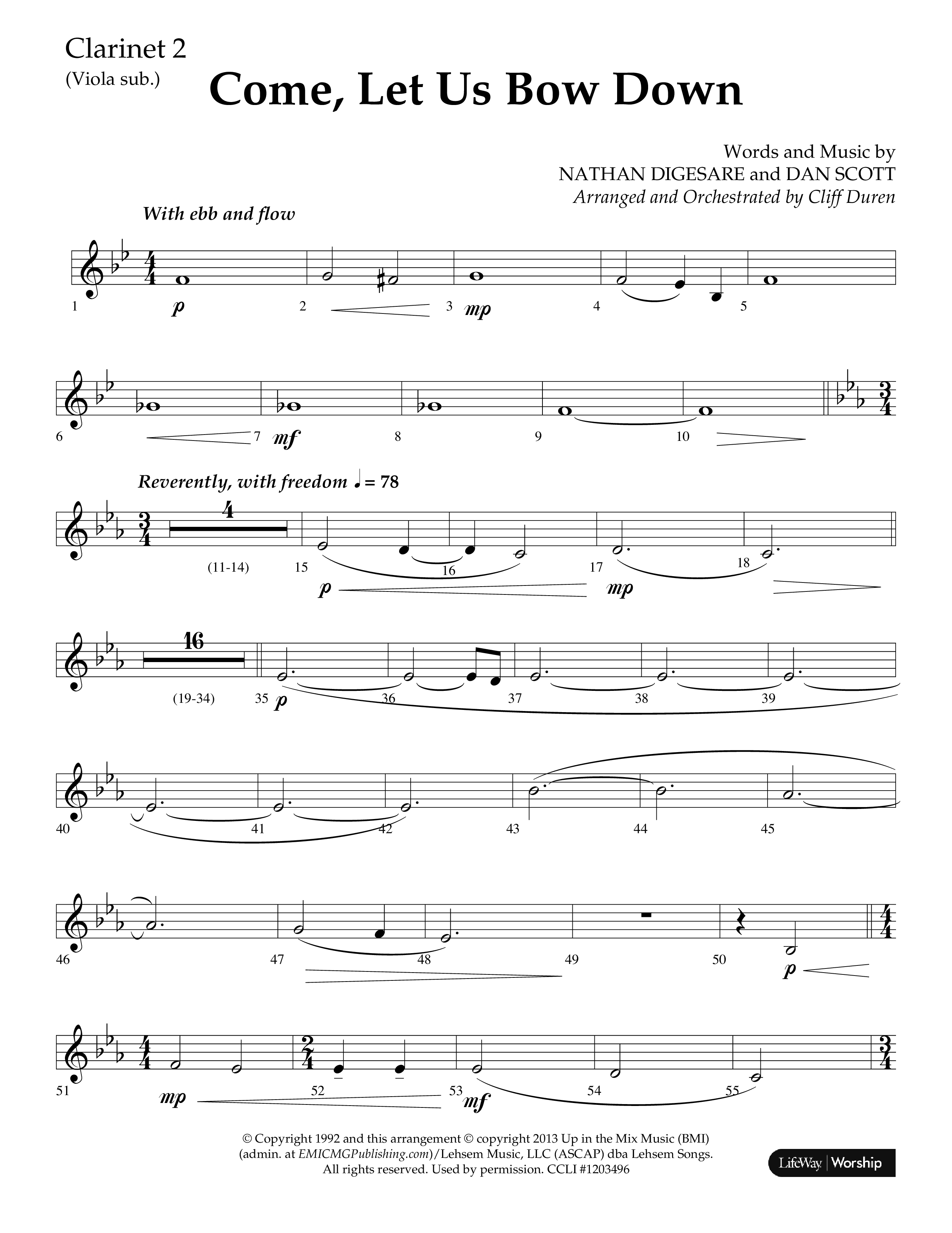 Come Let Us Bow Down (Choral Anthem SATB) Clarinet 1/2 (Lifeway Choral / Arr. Cliff Duren)