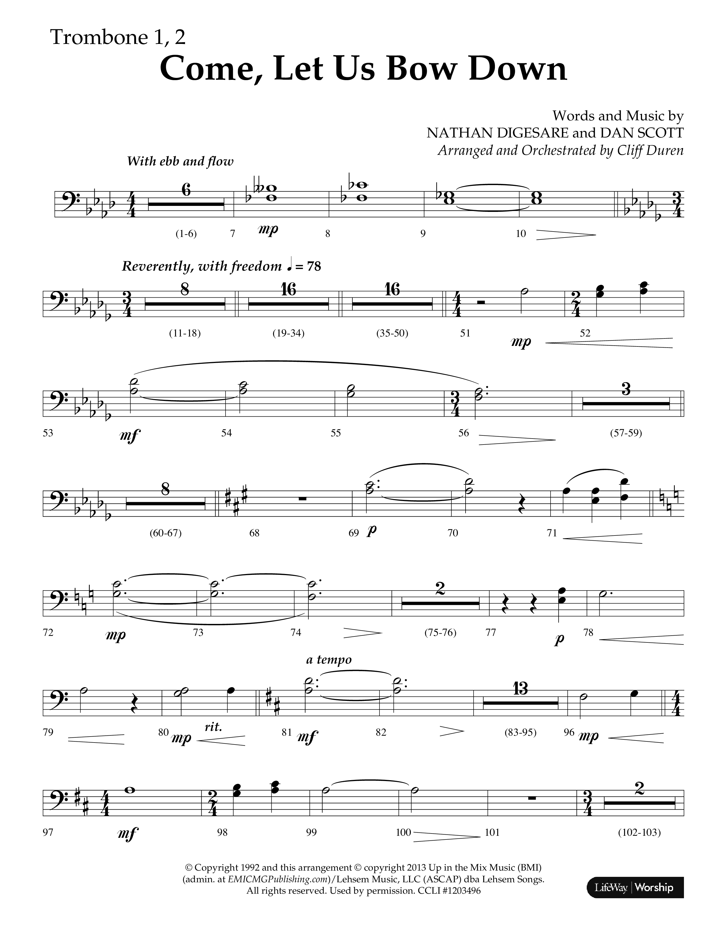 Come Let Us Bow Down (Choral Anthem SATB) Trombone 1/2 (Lifeway Choral / Arr. Cliff Duren)