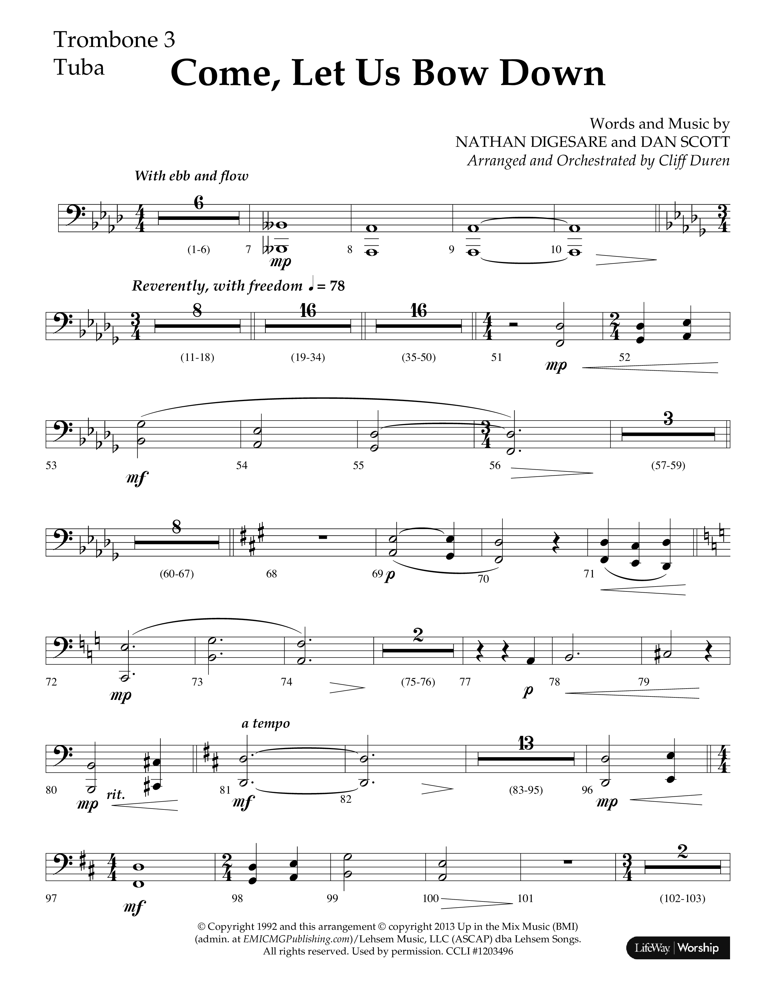 Come Let Us Bow Down (Choral Anthem SATB) Trombone 3/Tuba (Lifeway Choral / Arr. Cliff Duren)