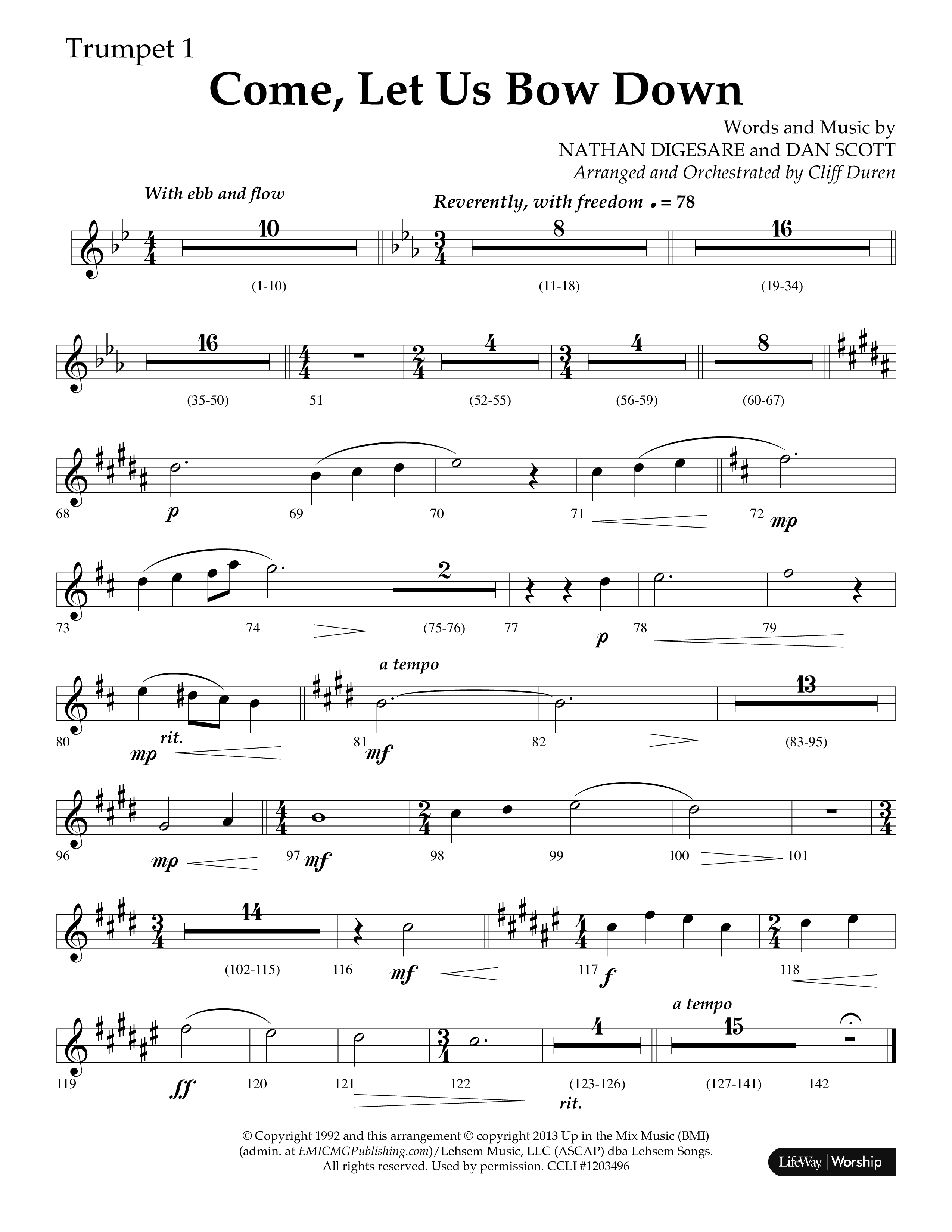 Come Let Us Bow Down (Choral Anthem SATB) Trumpet 1 (Lifeway Choral / Arr. Cliff Duren)