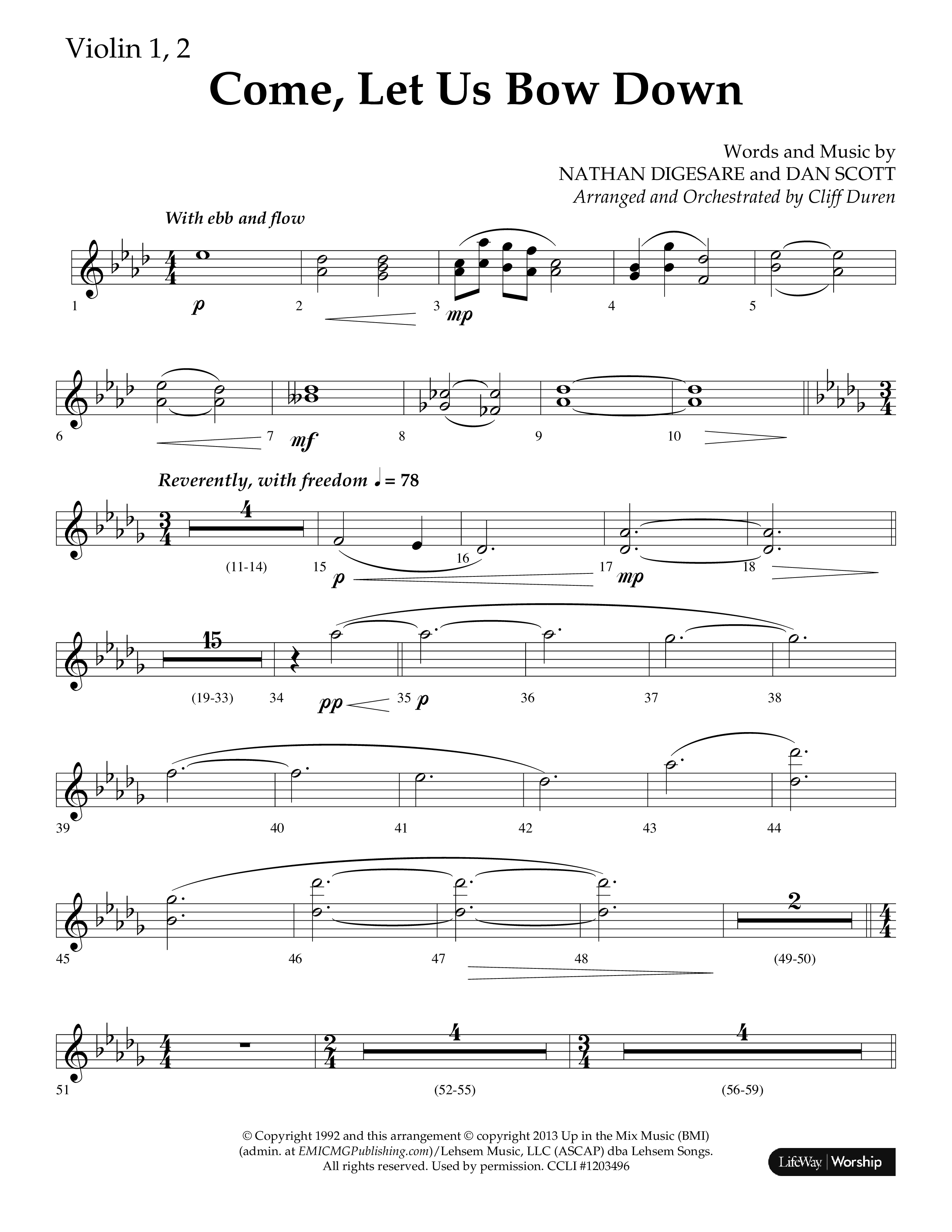 Come Let Us Bow Down (Choral Anthem SATB) Violin 1/2 (Lifeway Choral / Arr. Cliff Duren)