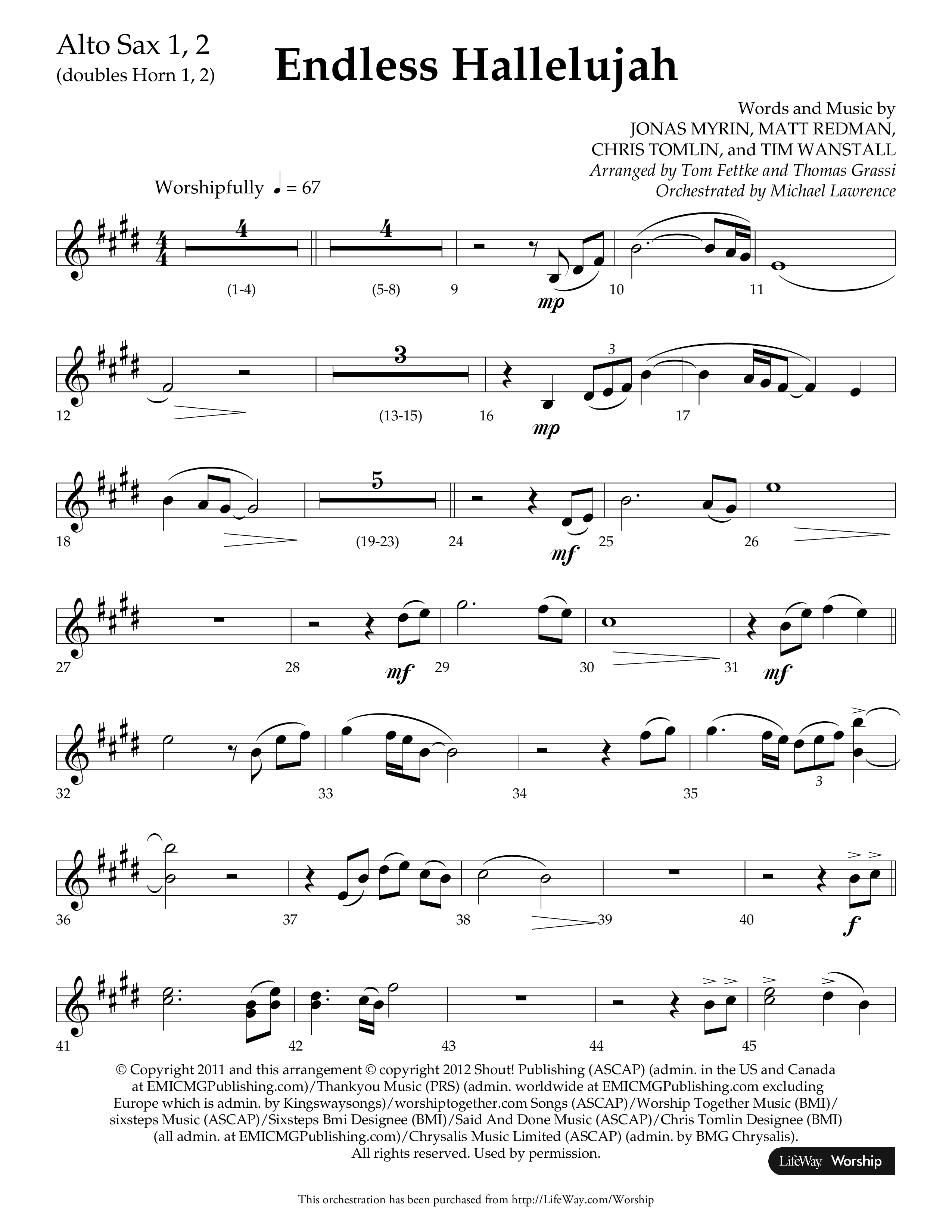 Endless Hallelujah (Choral Anthem SATB) Alto Sax 1/2 (Lifeway Choral / Arr. Tom Fettke / Arr. Thomas Grassi / Orch. Michael Lawrence)